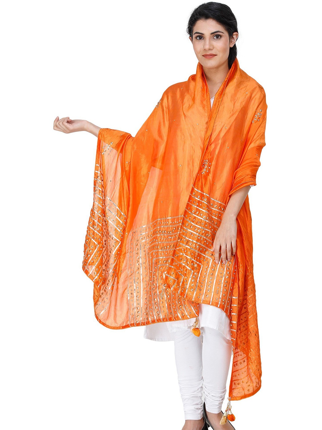 

Exotic India Autumn Sunset Silk Dupatta with Gota Patti, Floral Beads and Tassels, Orange