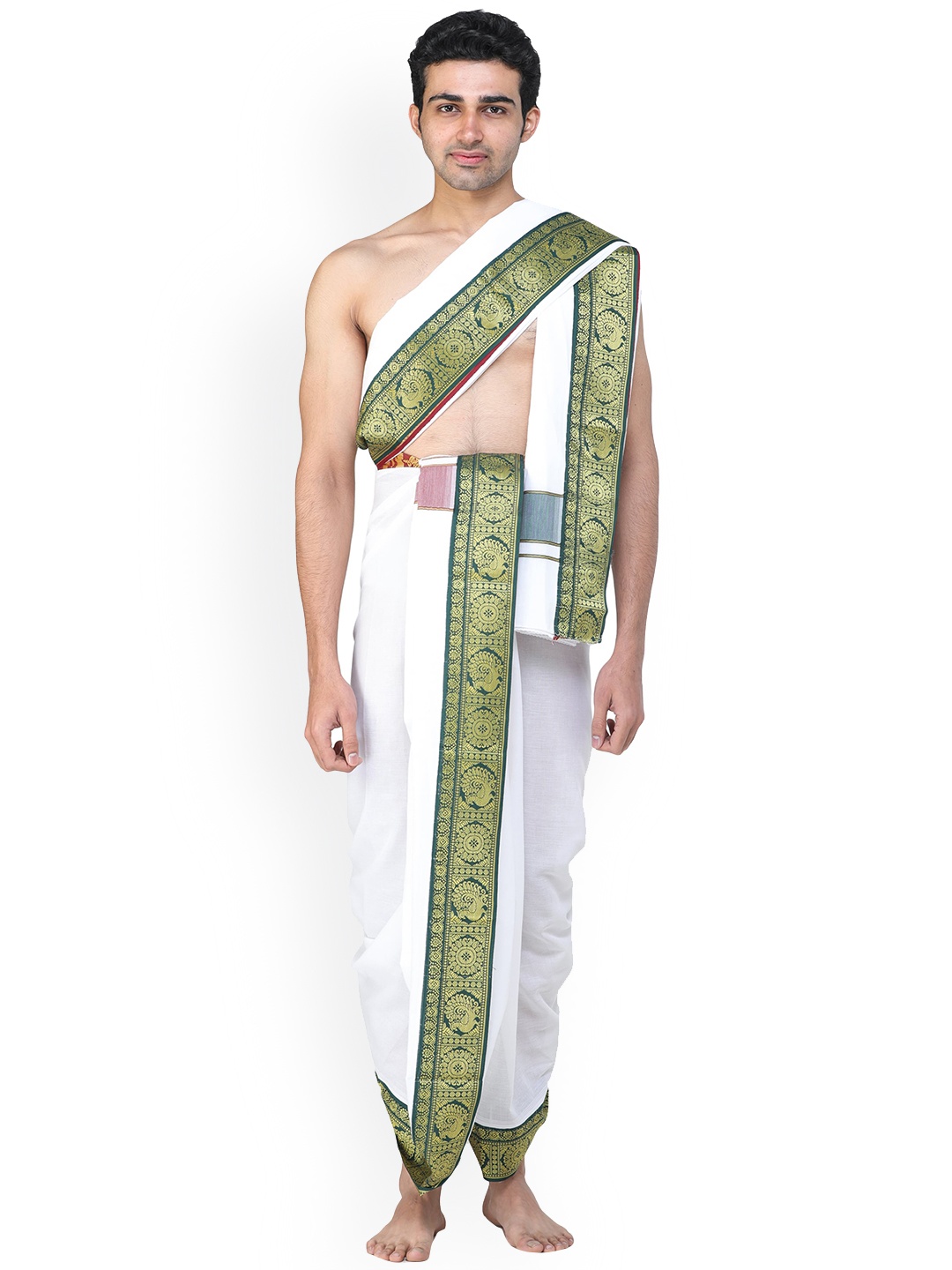 

Exotic India Maroon Green Vrindawan Dhoti & Angavastram Set with Woven Golden Zari Border, White