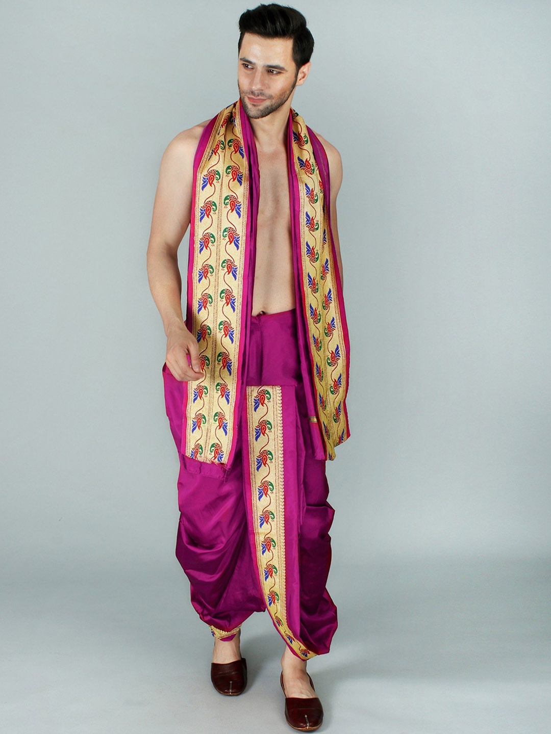 

Exotic India Ready To Wear Dhoti With Angavastram, Purple