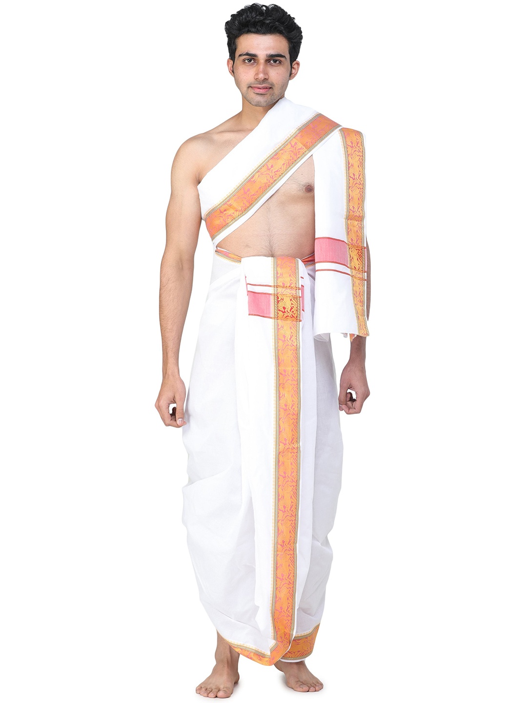 

Exotic India Zari Cotton Dhoti & Angavastram, White