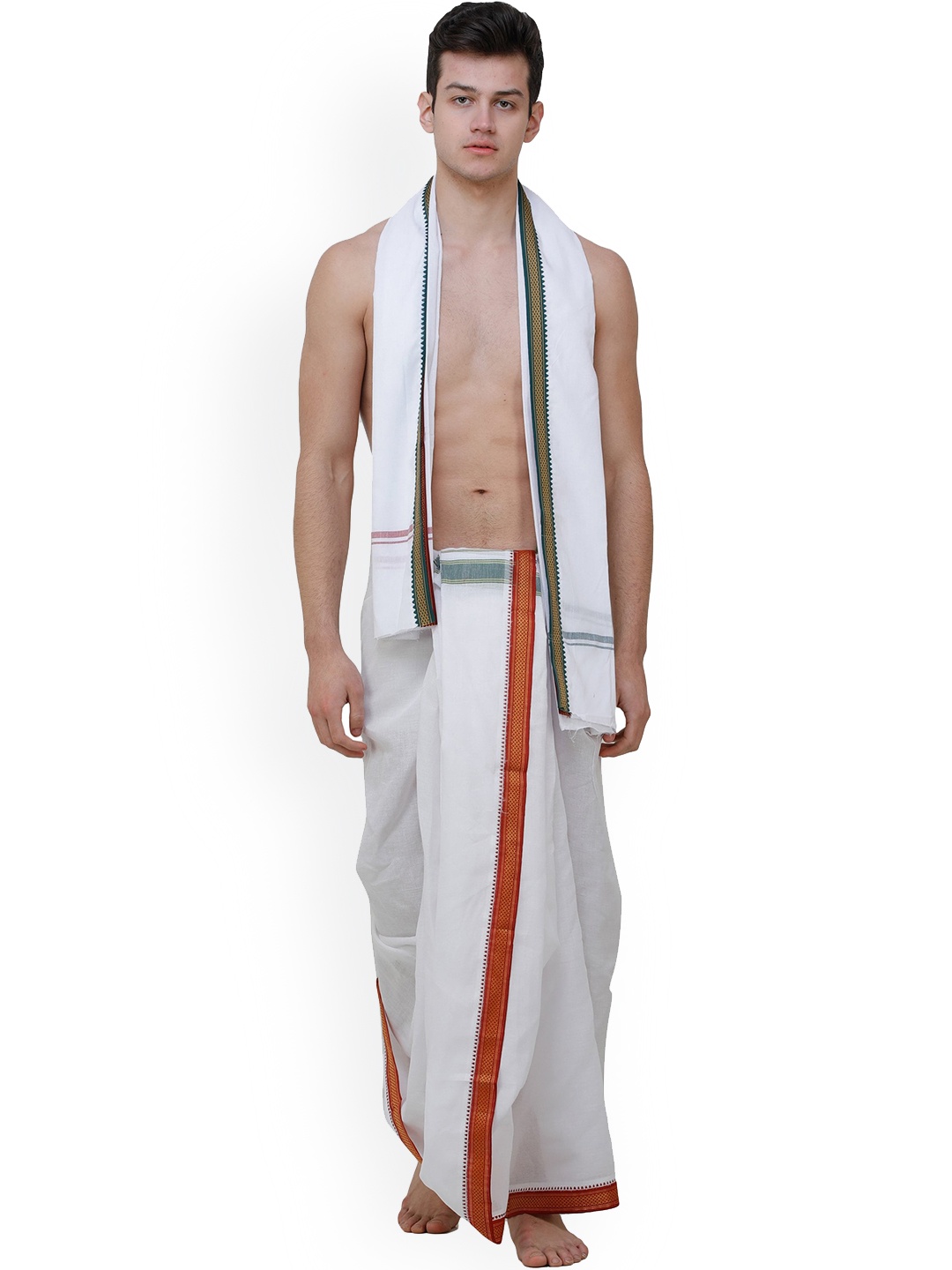 

Exotic India Men Veshti & Angavastram Set, White