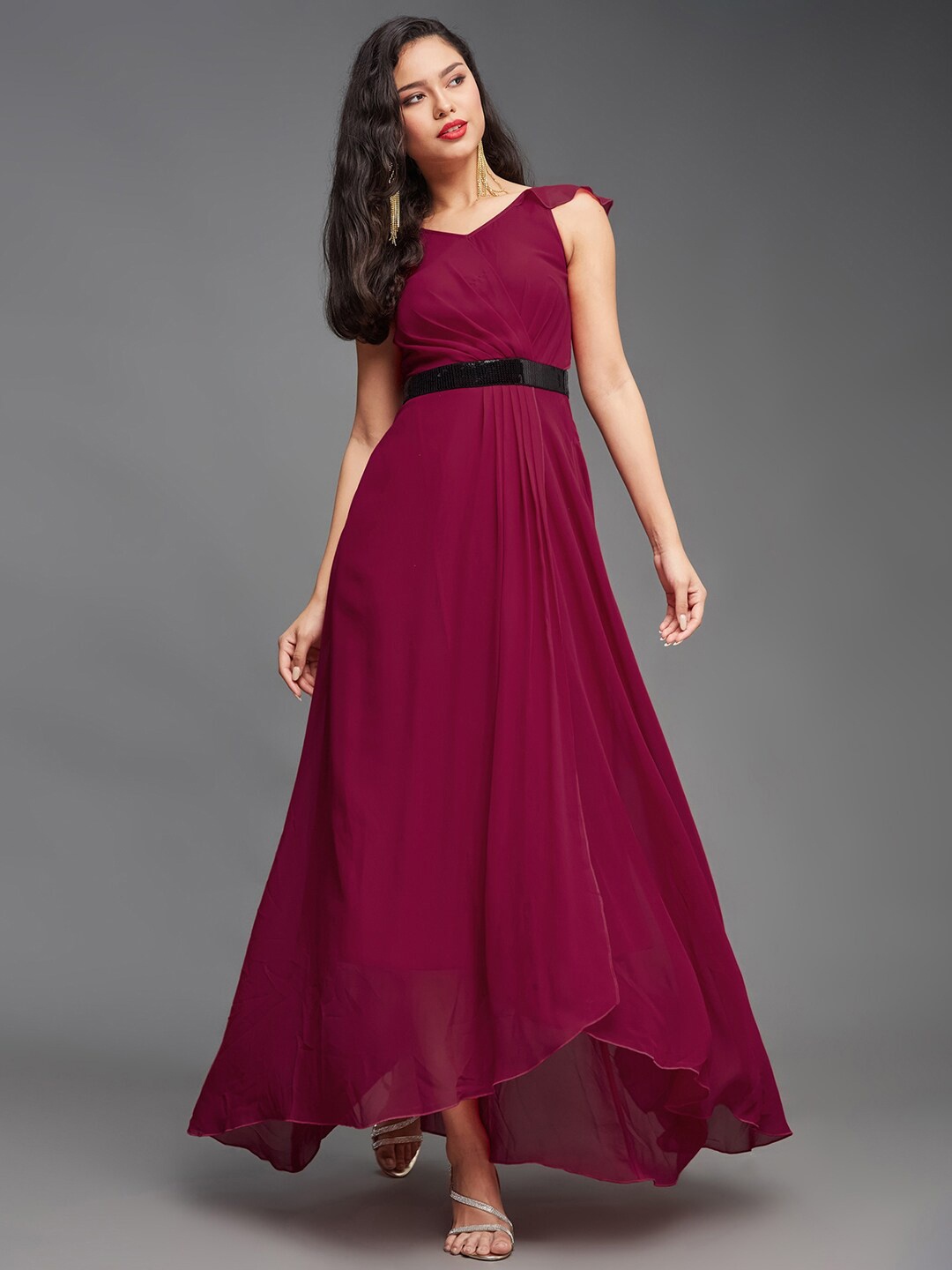

Miss Chase V-Neck Cap Sleeves Georgette Pleated Fit & Flare Dress, Pink
