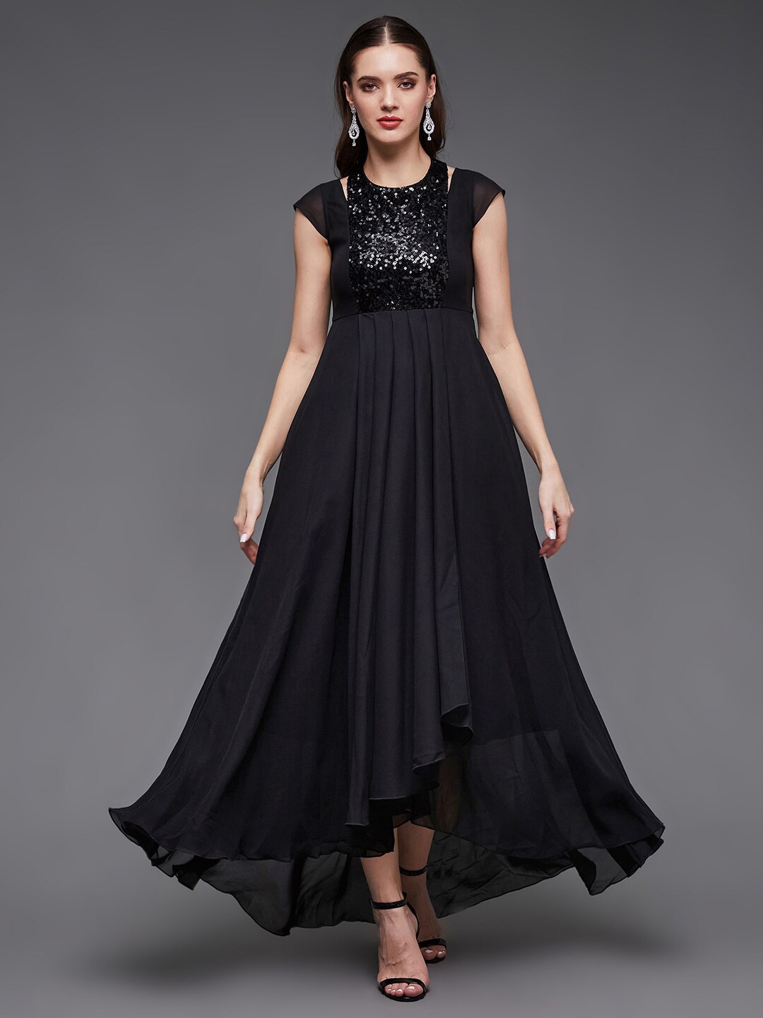 

Miss Chase Embellished Fit & Flare PLeated Georgette Maxi Dress, Black