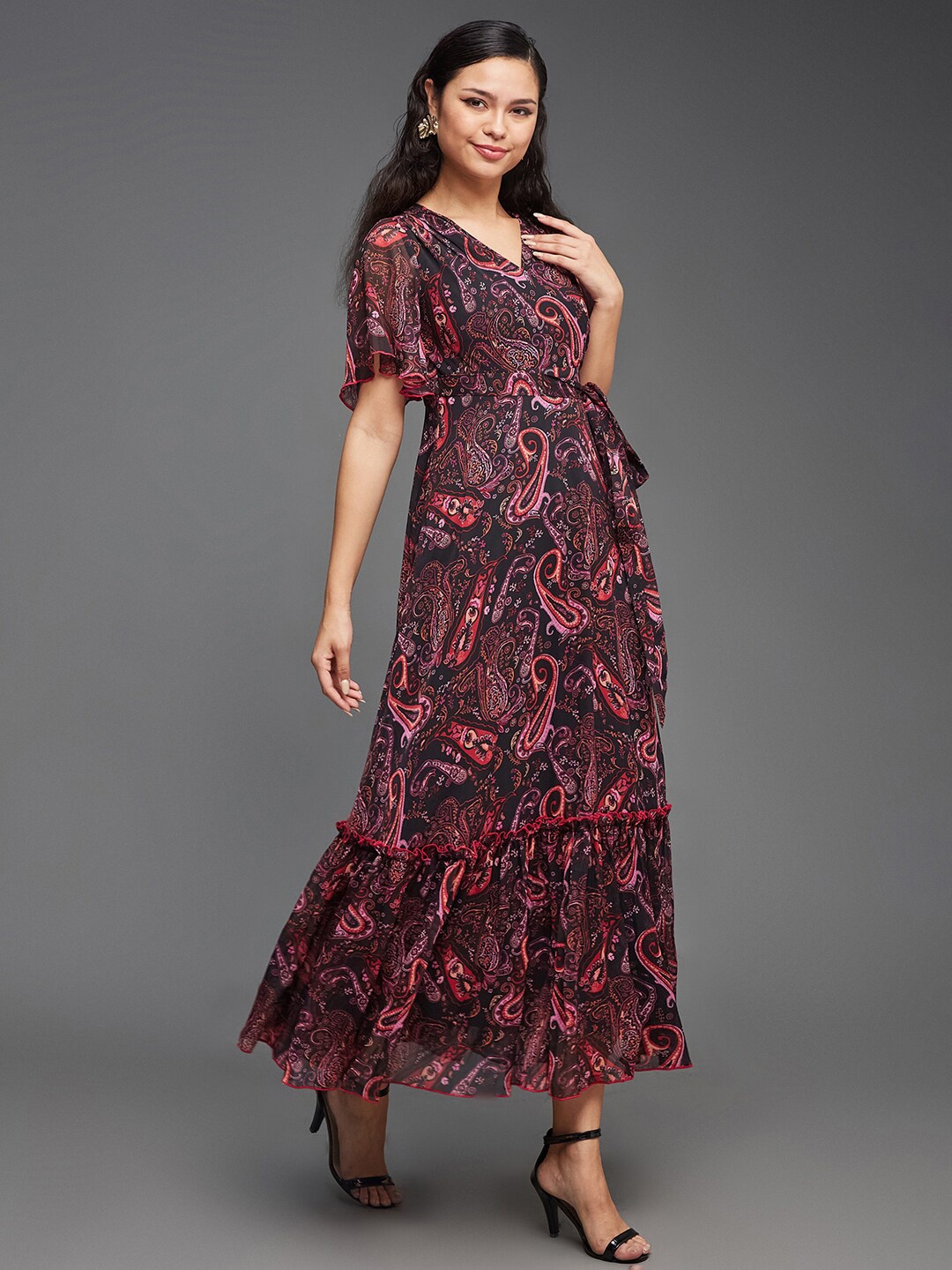 

Miss Chase Paisley Print V-Neck Flared Sleeve Tie Ups Chiffon Fit & Flare Midi Dress, Black