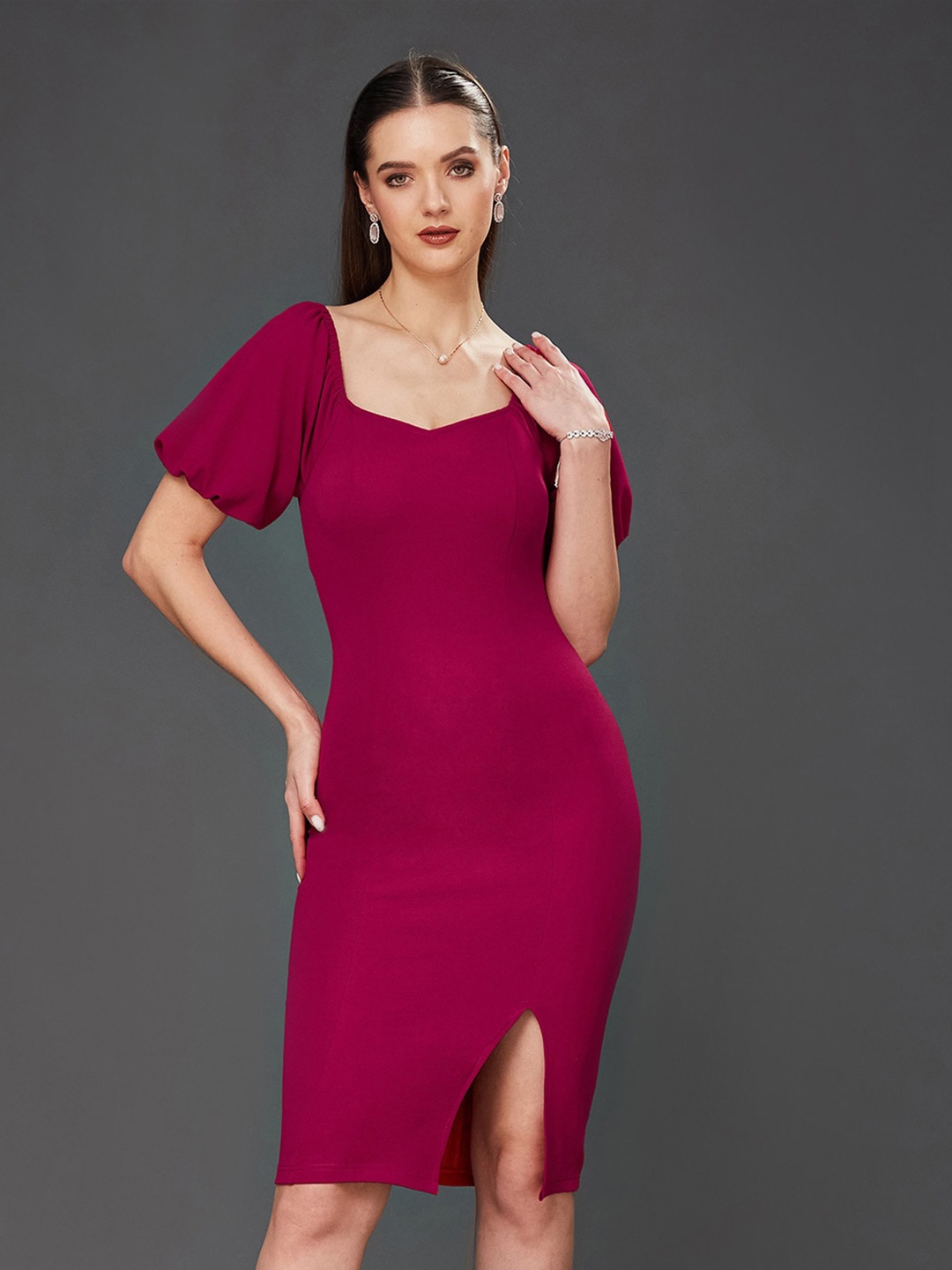 

Miss Chase Sweetheart Neck Puff Sleeves Georgette Bodycon Dress, Pink