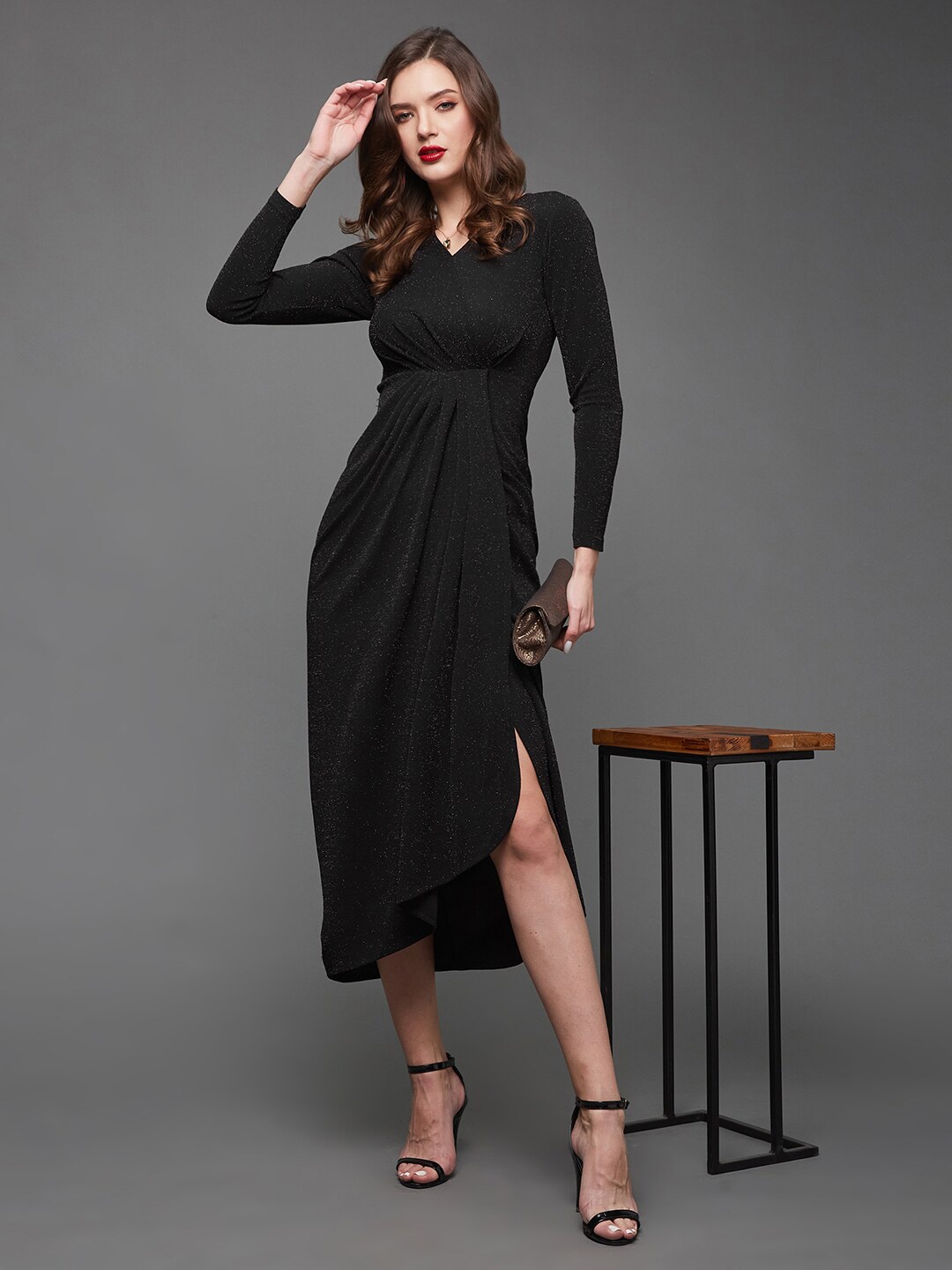 

Miss Chase Embellished V-Neck Georgette Wrap Midi Dress, Black