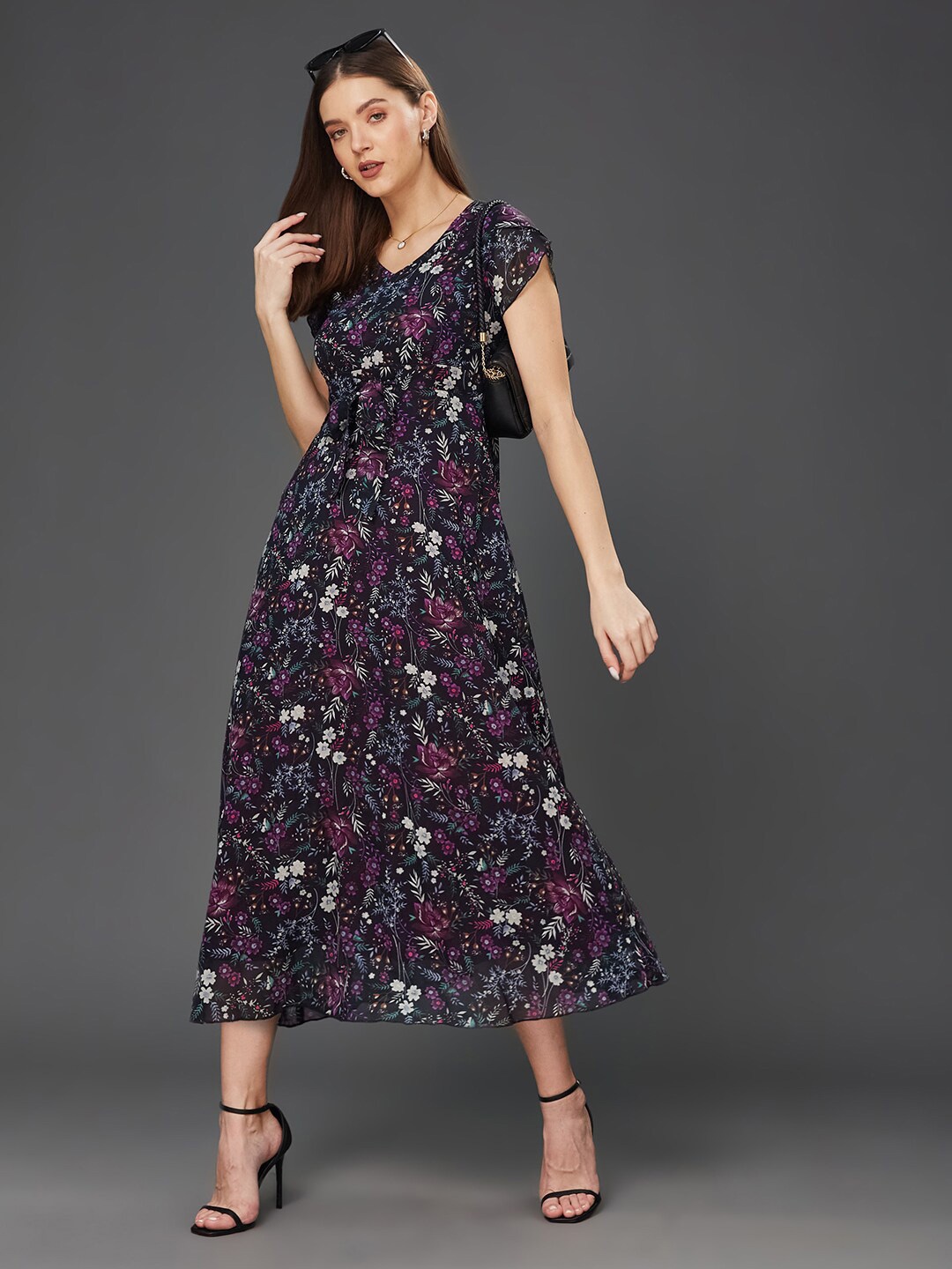

Miss Chase Floral Print V-Neck Tie-Ups Georgette Fit & Flare Midi Dress, Black