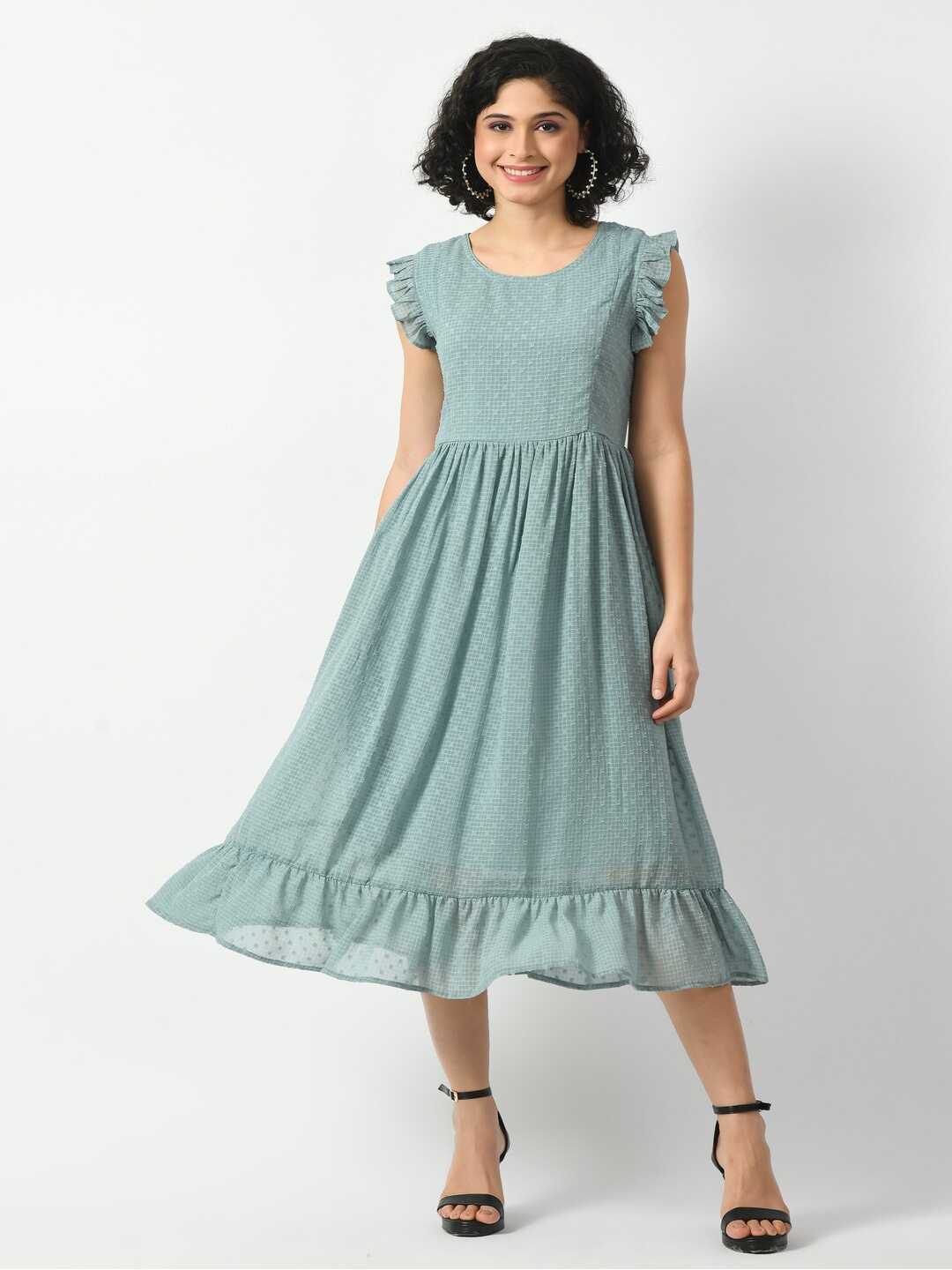 

DECKEDUP Self Designed Round Neck Georgette Fit & Flare Midi Dress, Green