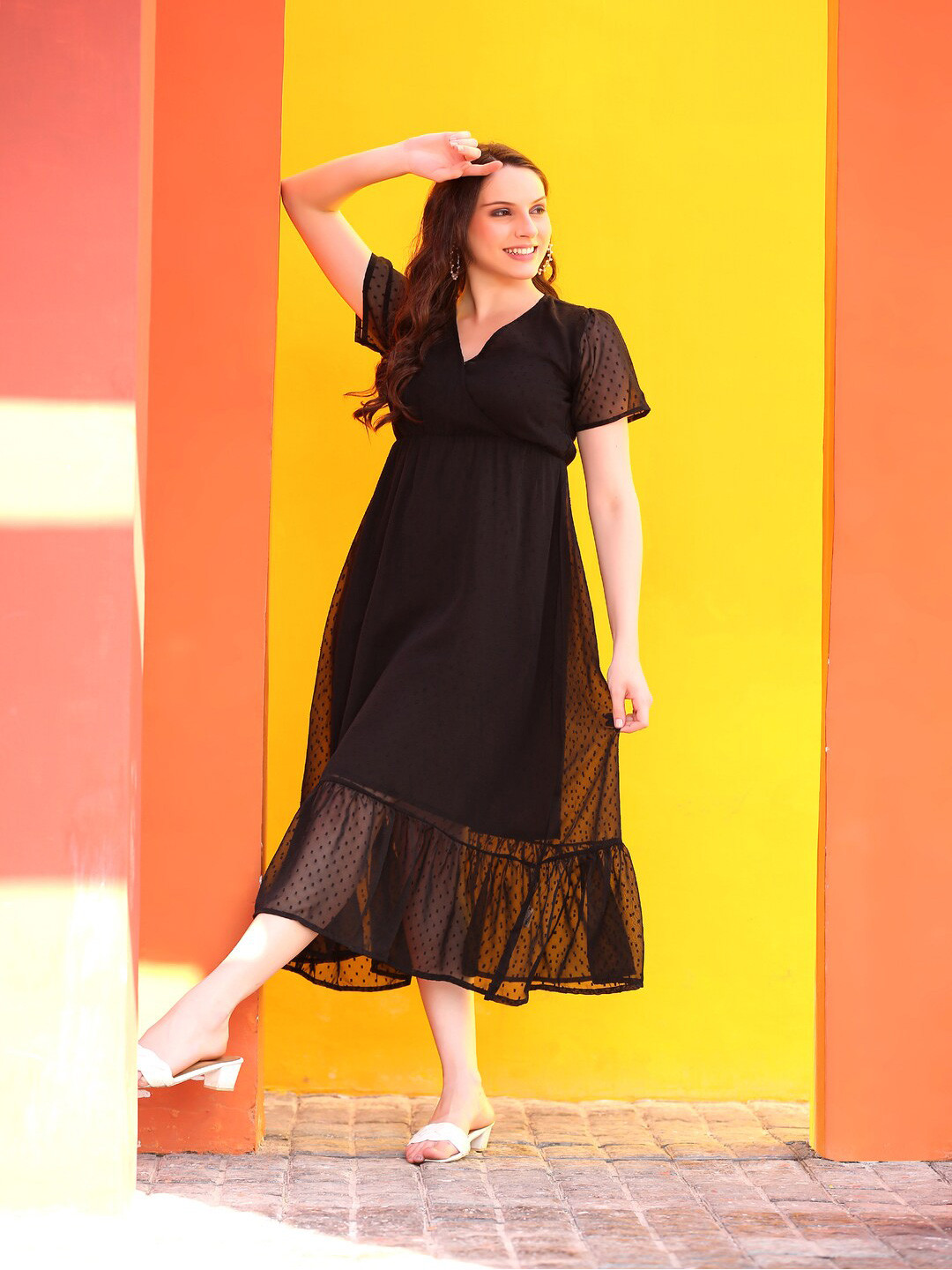 

DECKEDUP Georgette Wrap Midi Dress, Black