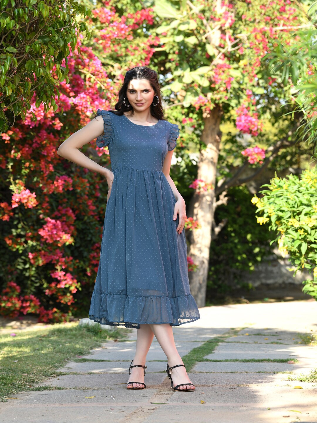 

DECKEDUP Flutter Sleeve Georgette Fit & Flare Midi Dress, Blue