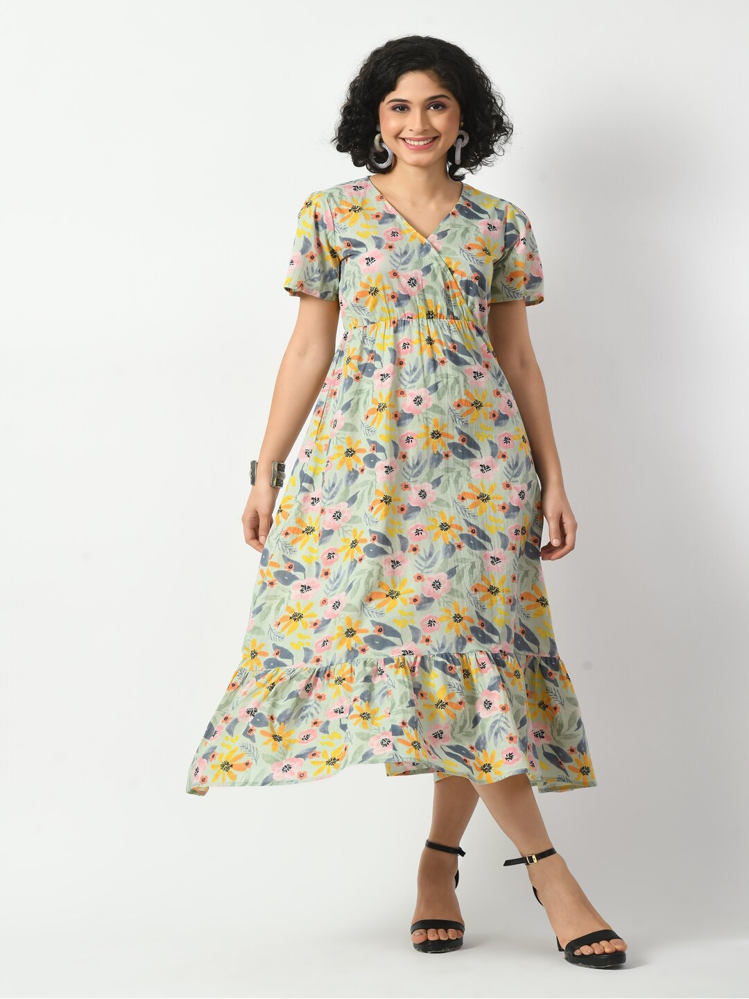

DECKEDUP Floral Printed V-Neck Cotton Fit & Flare Midi Dress, Green