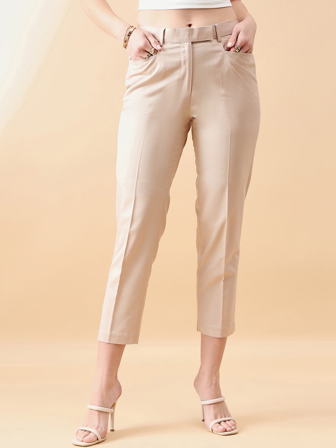 

PowerSutra Women Mid Waist Slim Fit Trousers, Beige