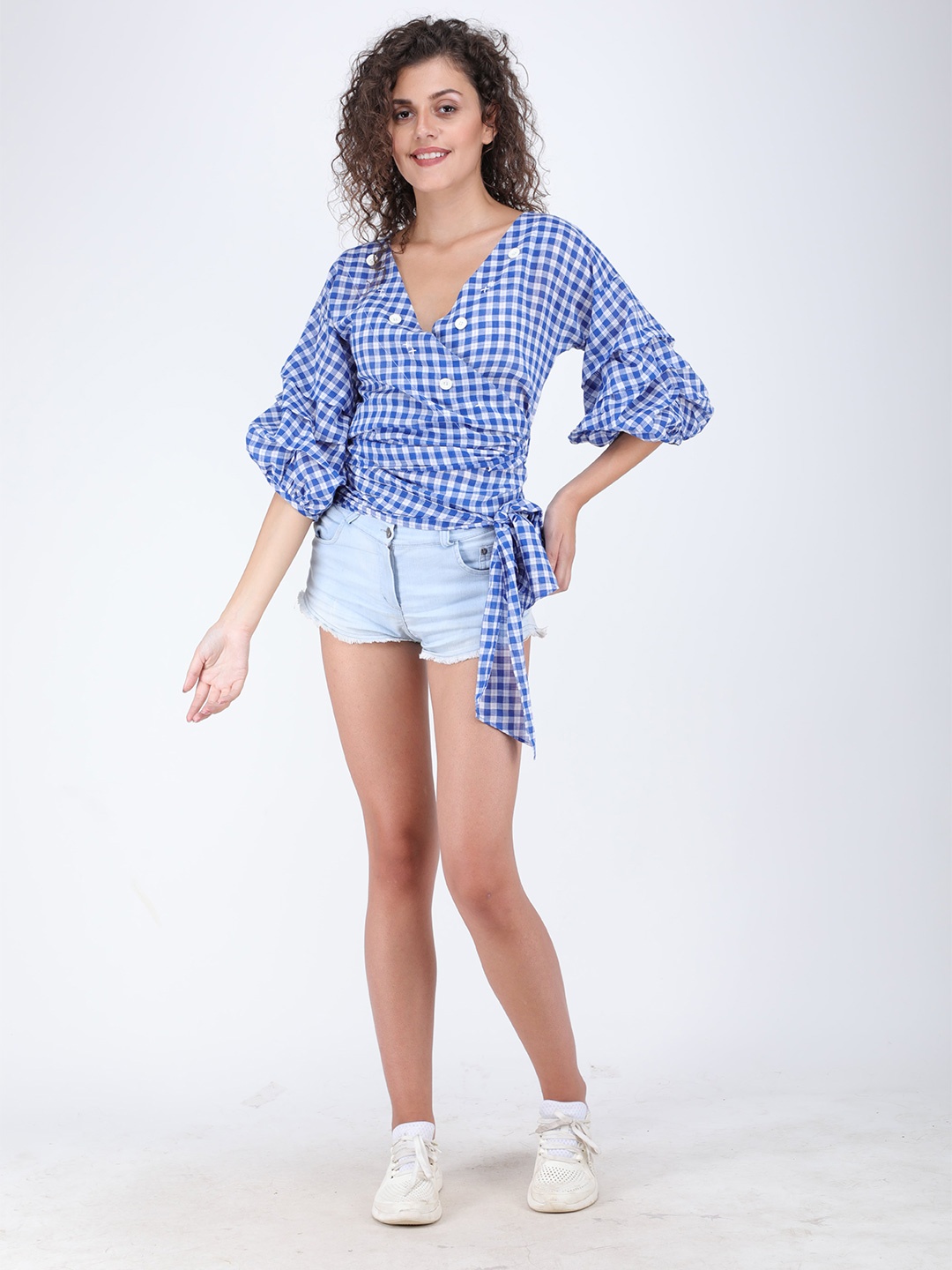 

Streaks & Crosses Checked Bell Sleeve Cotton Cinched Waist Top, Blue