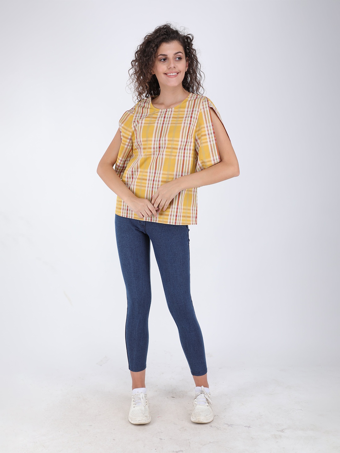 

Streaks & Crosses Checked High Slit Sleeves Cotton Top, Yellow