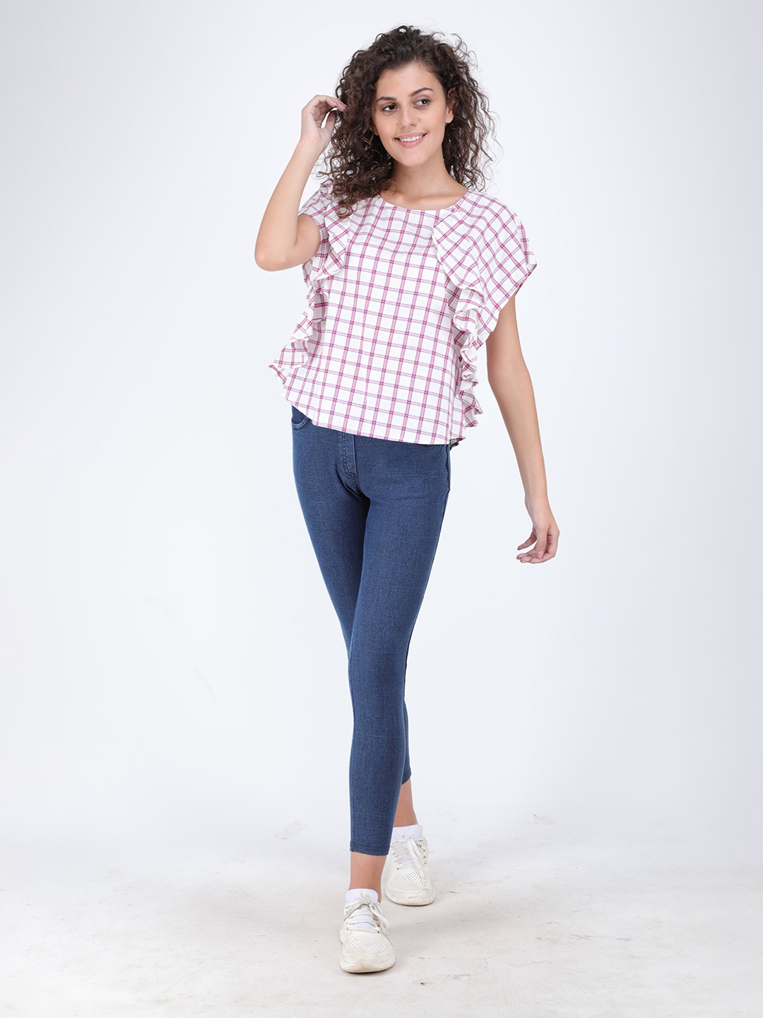 

Streaks & Crosses Checked Raglan Sleeve Ruffled Cotton Top, Pink