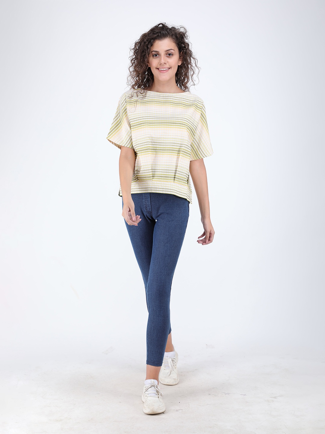 

Streaks & Crosses Horizontal Striped Boat Neck Extended Sleeves Cotton Top, Lime green