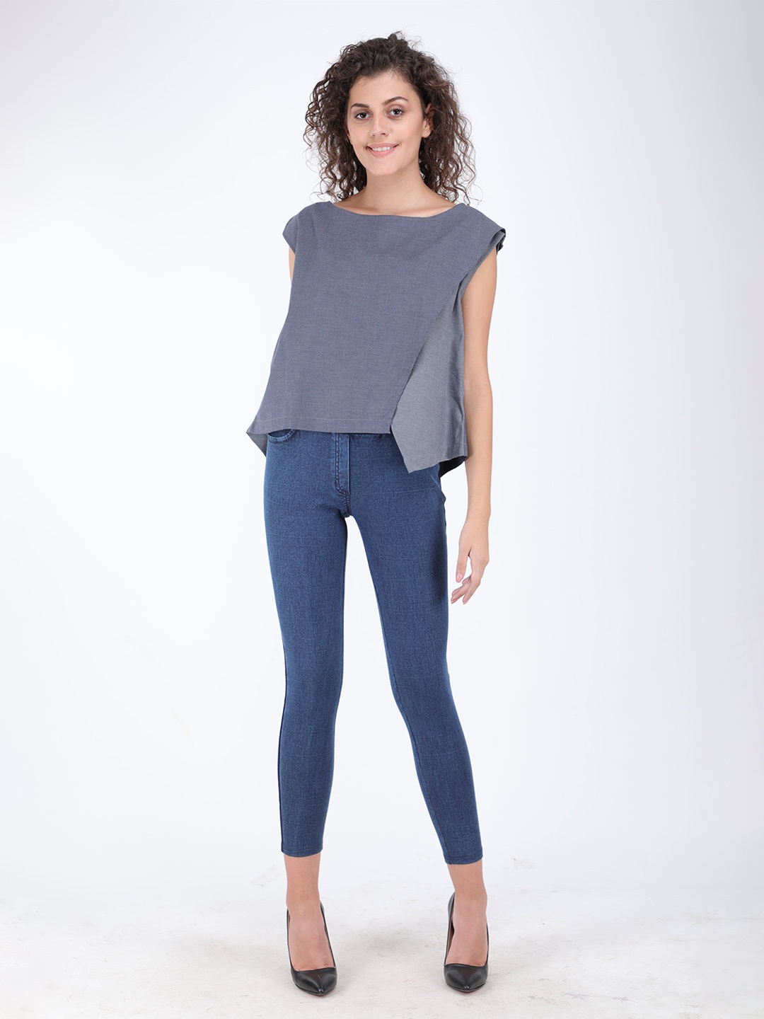 

Streaks & Crosses Boat Neck Cotton Asymmetric Top, Grey