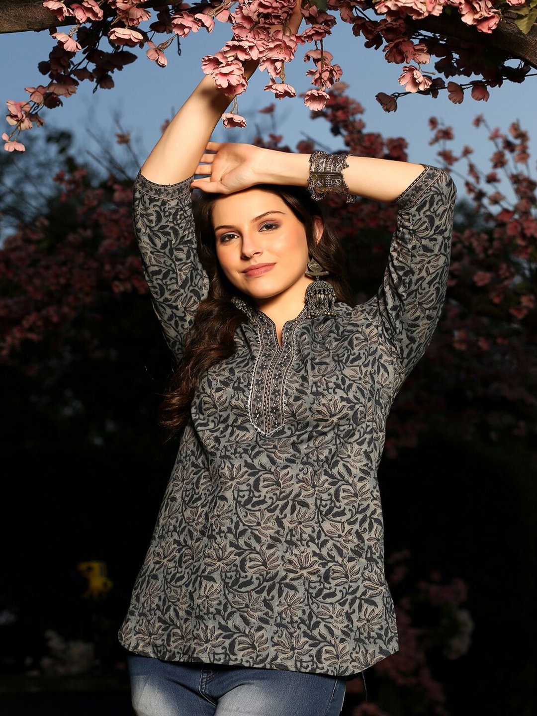 

DECKEDUP Mandarin Collar Cotton Printed Tunic, Blue