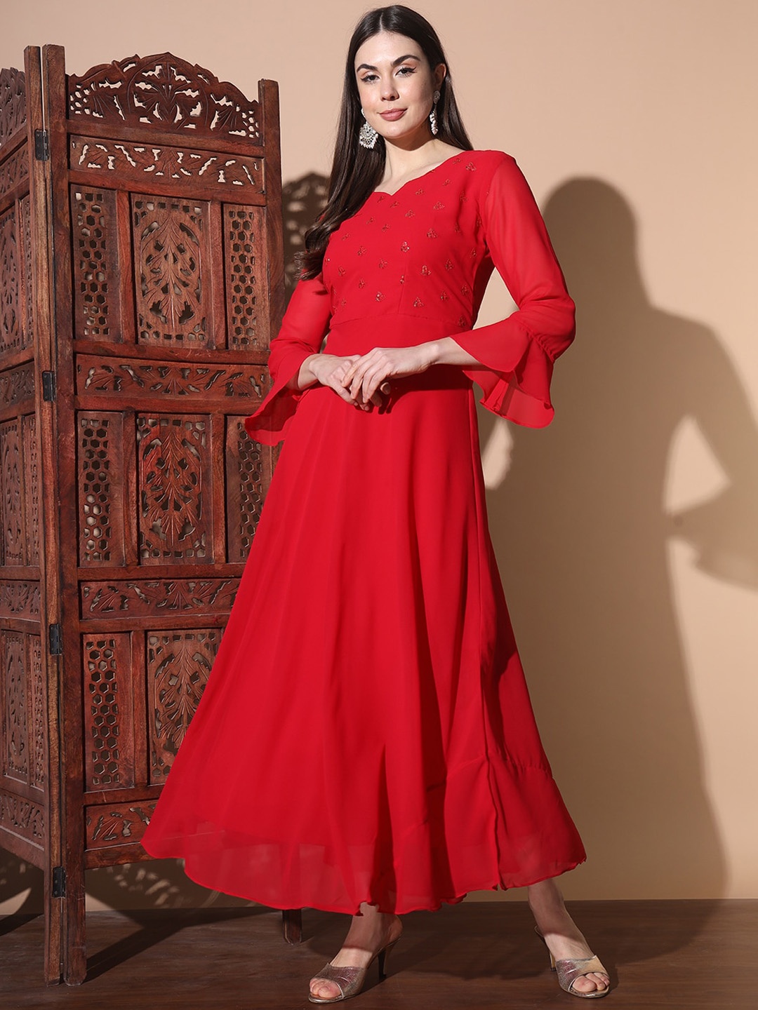 

BAESD Printed Flared Ethnic Dress, Red