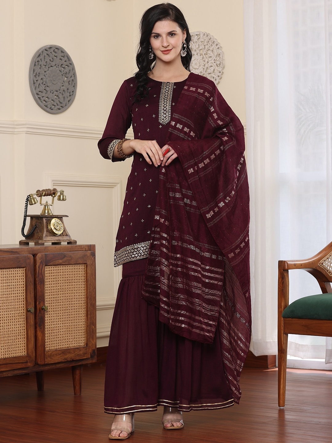 

BAESD Floral Embroidered Regular Pure Silk Straight Kurta with Sharara & Dupatta, Maroon