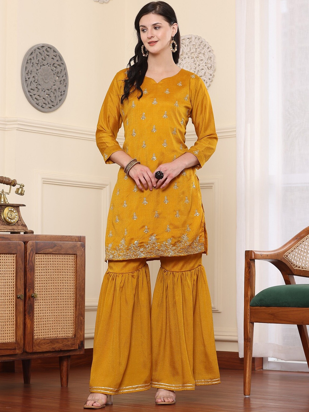 

BAESD Floral Embroidered Sequinned Pure Silk Kurta With Sharara & Dupatta, Mustard