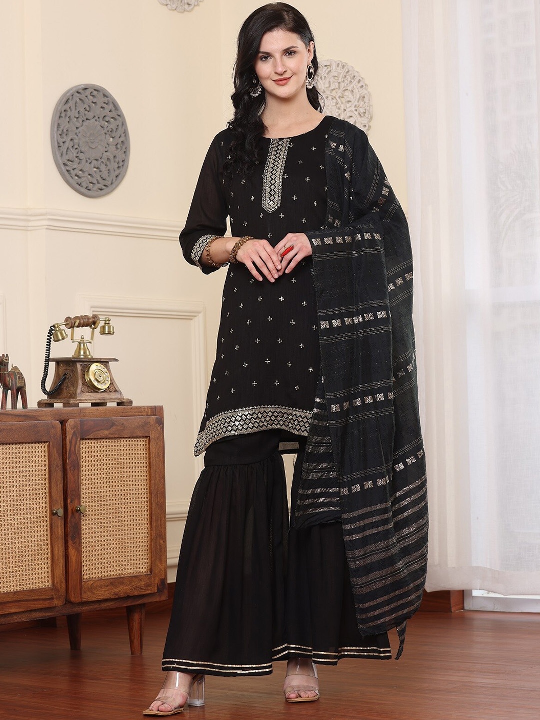 

BAESD Floral Embroidered Sequinned Pure Silk Kurta With Sharara & Dupatta, Black