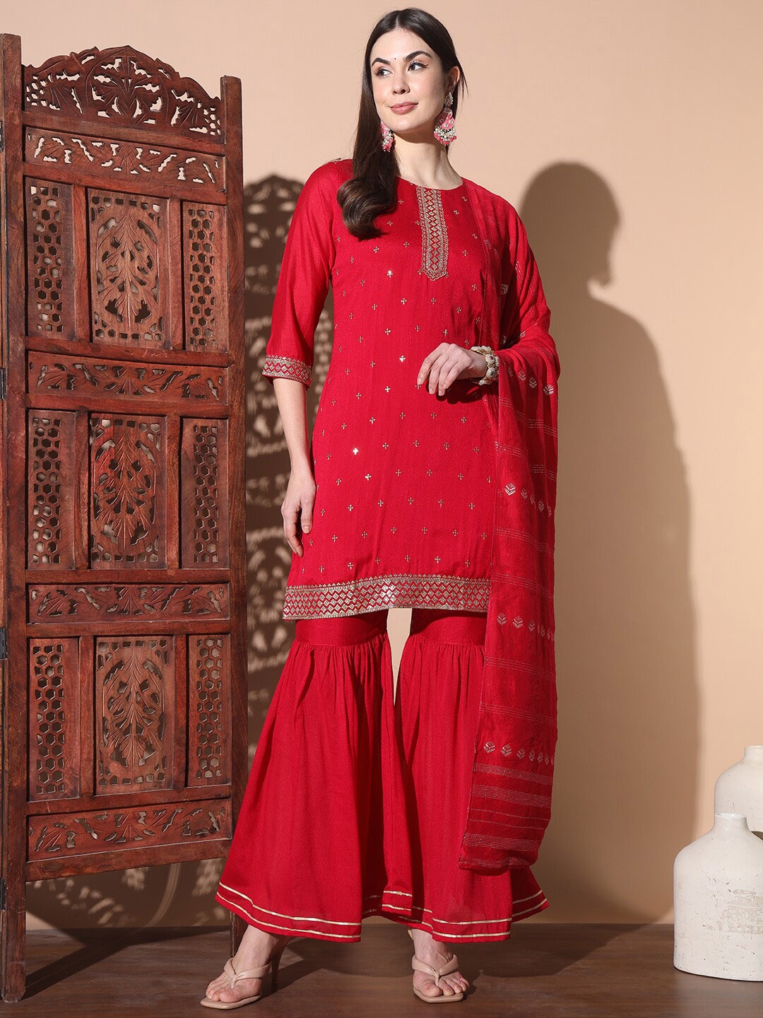 

BAESD Embroidered Round Neck Kurta with Sharara & Dupatta, Maroon