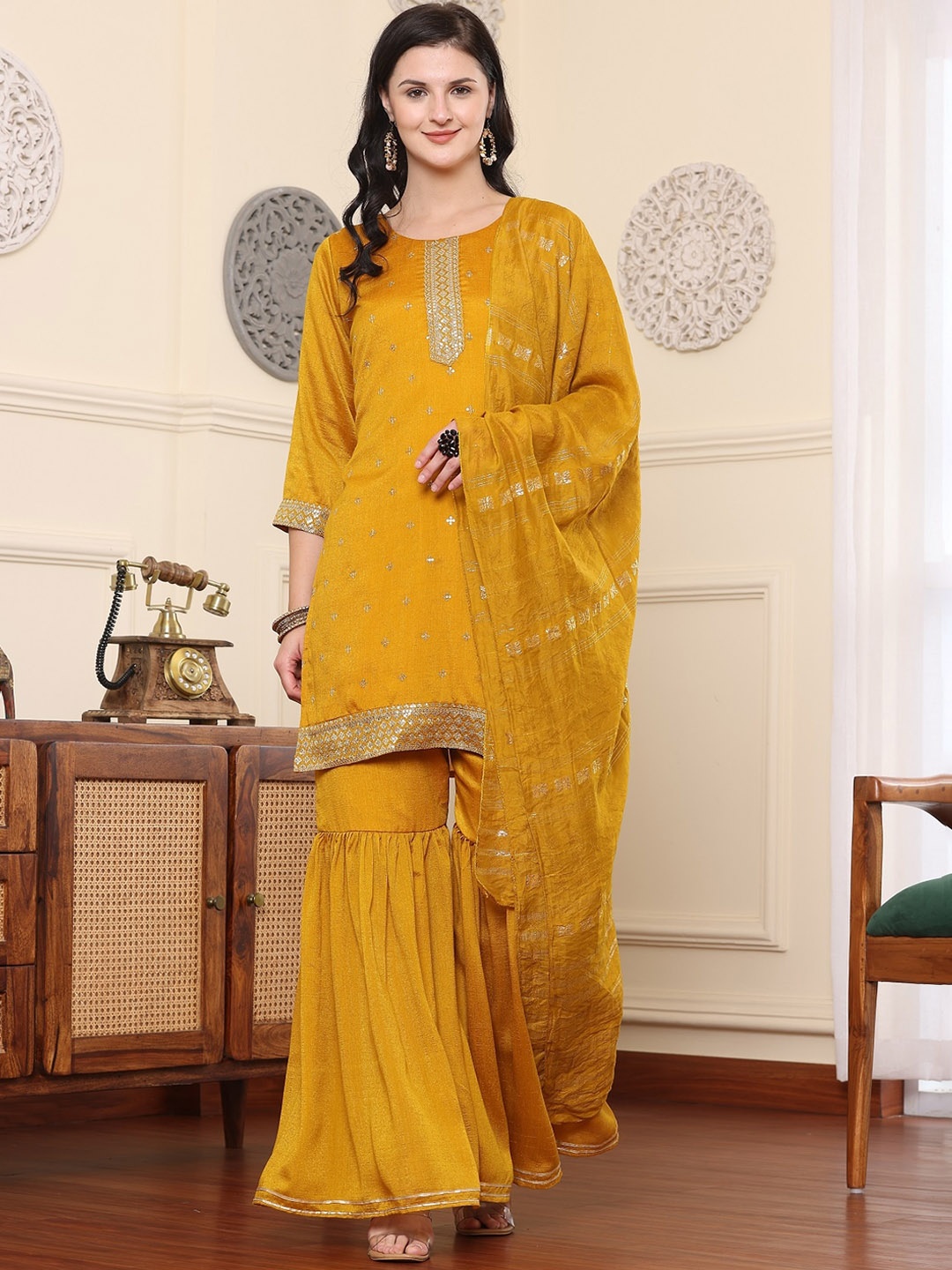 

BAESD Floral Embroidered Sequinned Pure Silk Kurta With Sharara & Dupatta, Mustard