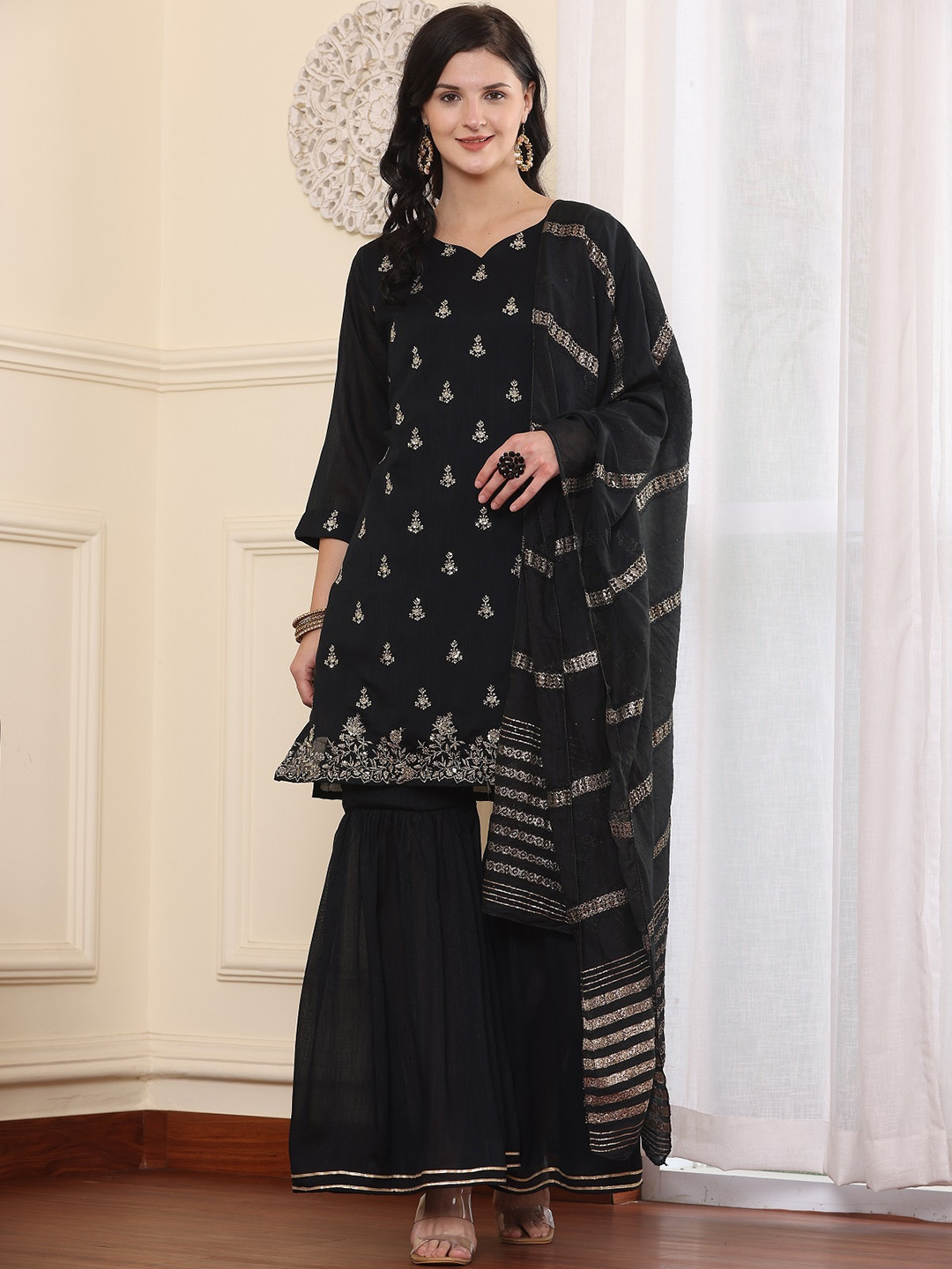 

BAESD Floral Embroidered Sequinned Pure Silk Straight Kurta With Sharara & Dupatta, Black