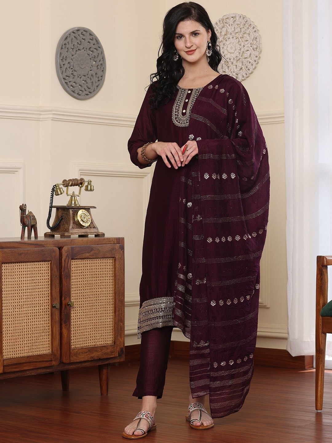 

BAESD Floral Embroidered Sequinned Pure Silk Straight Kurta With Pyjama & Dupatta, Purple