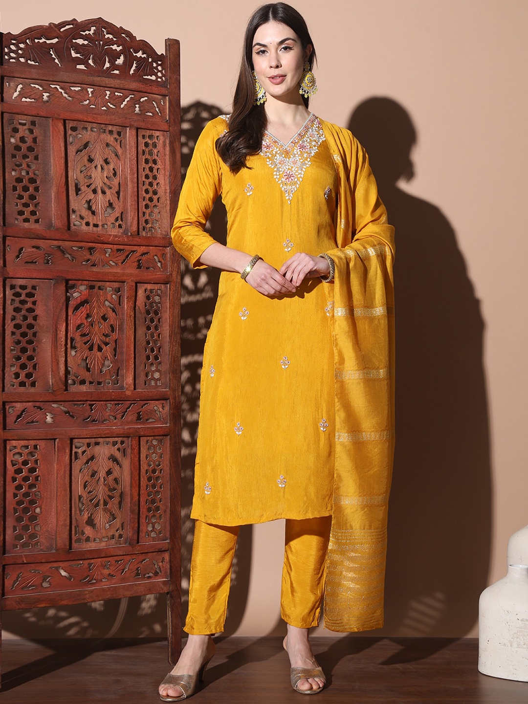 

BAESD Floral Embroidered V-Neck Thread Work Silk Georgette Kurta with Pyjamas & Dupatta, Yellow