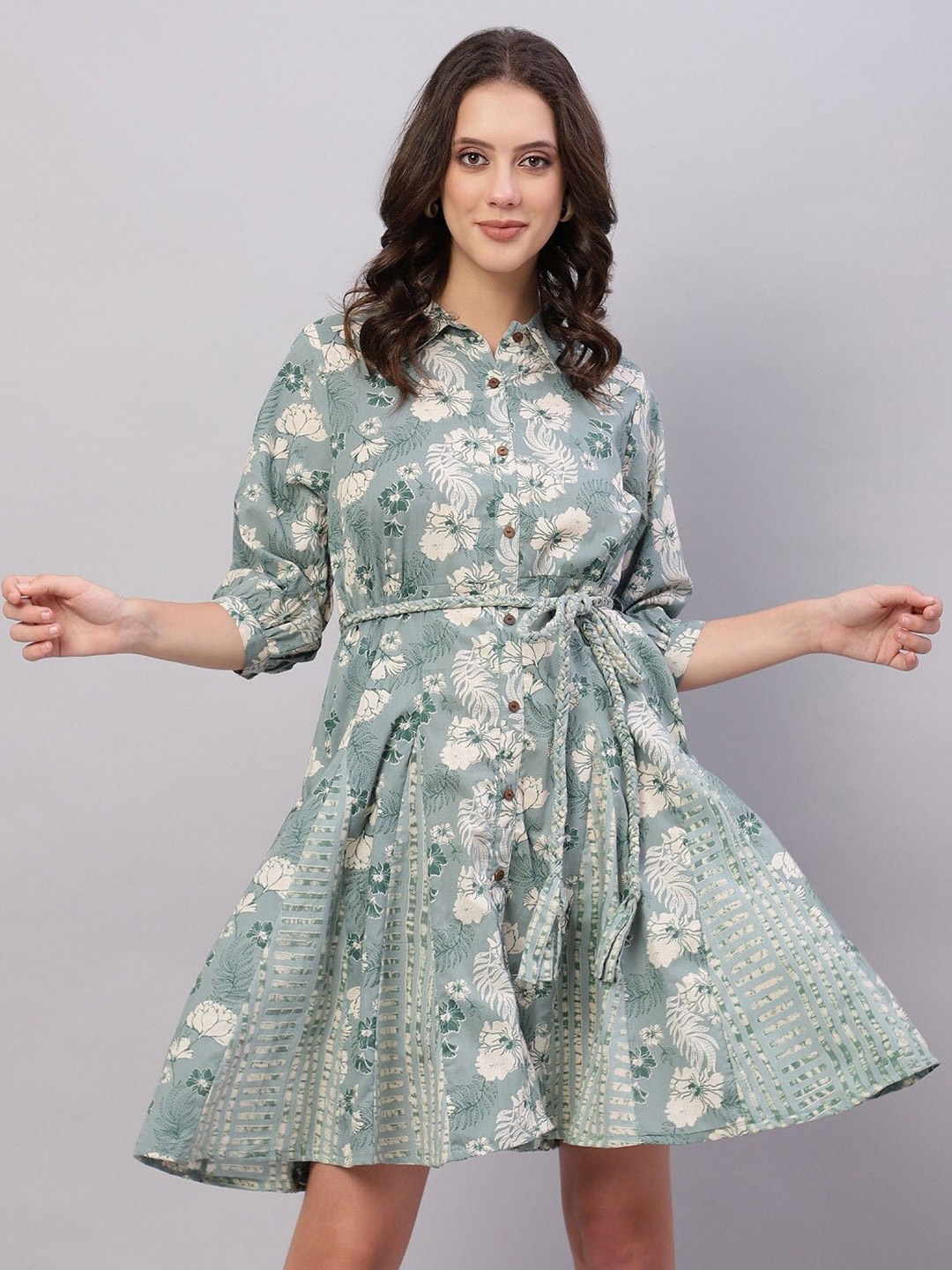 

FLAMBOYANT Floral Printed Cotton Shirt Dress, Green