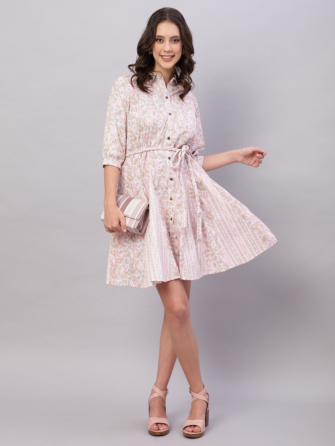 

FLAMBOYANT Floral Printed Cotton Shirt Dress, Off white