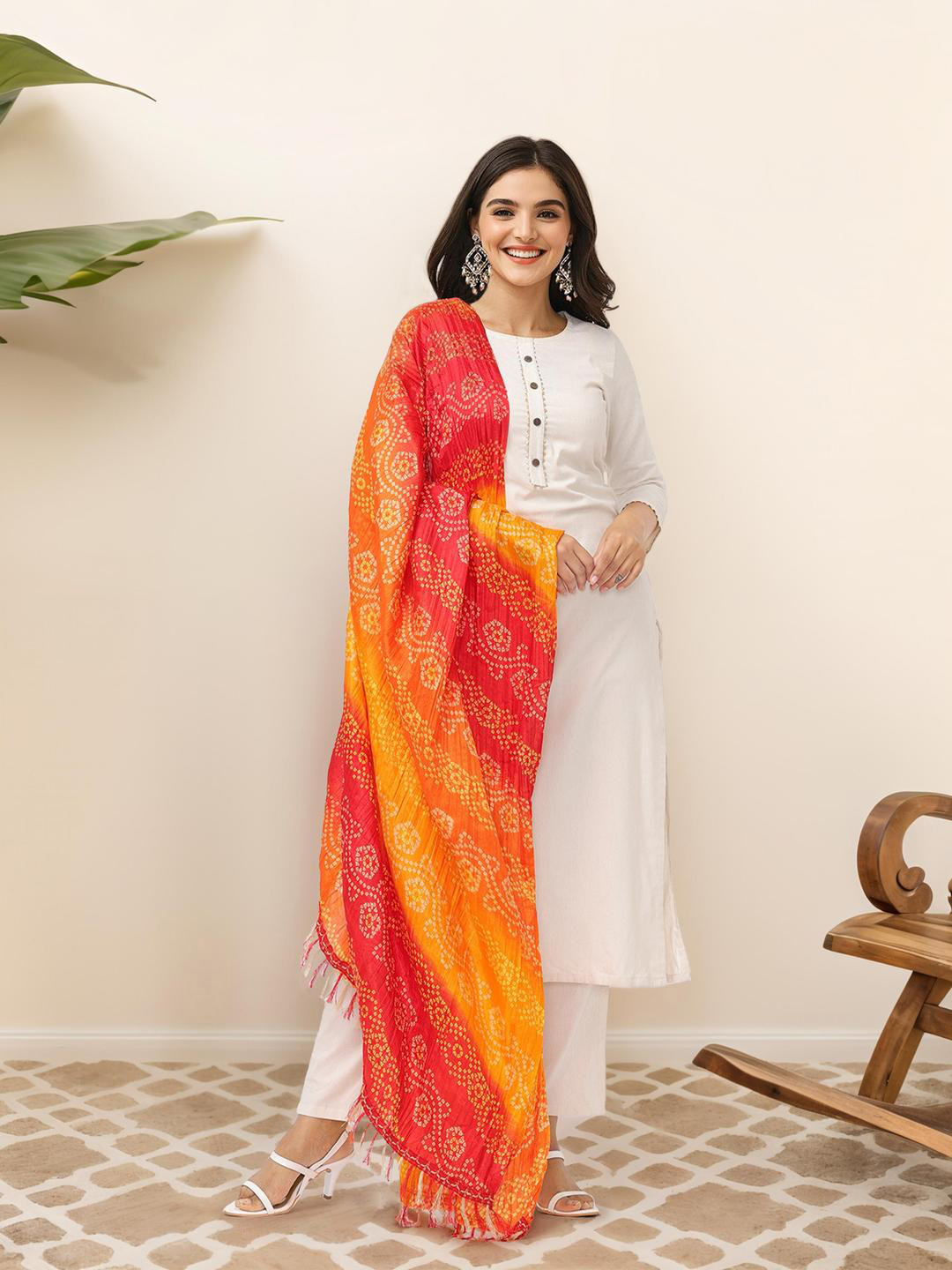

Ishin Round Neck Straight Kurta with Trousers & Dupatta, Off white