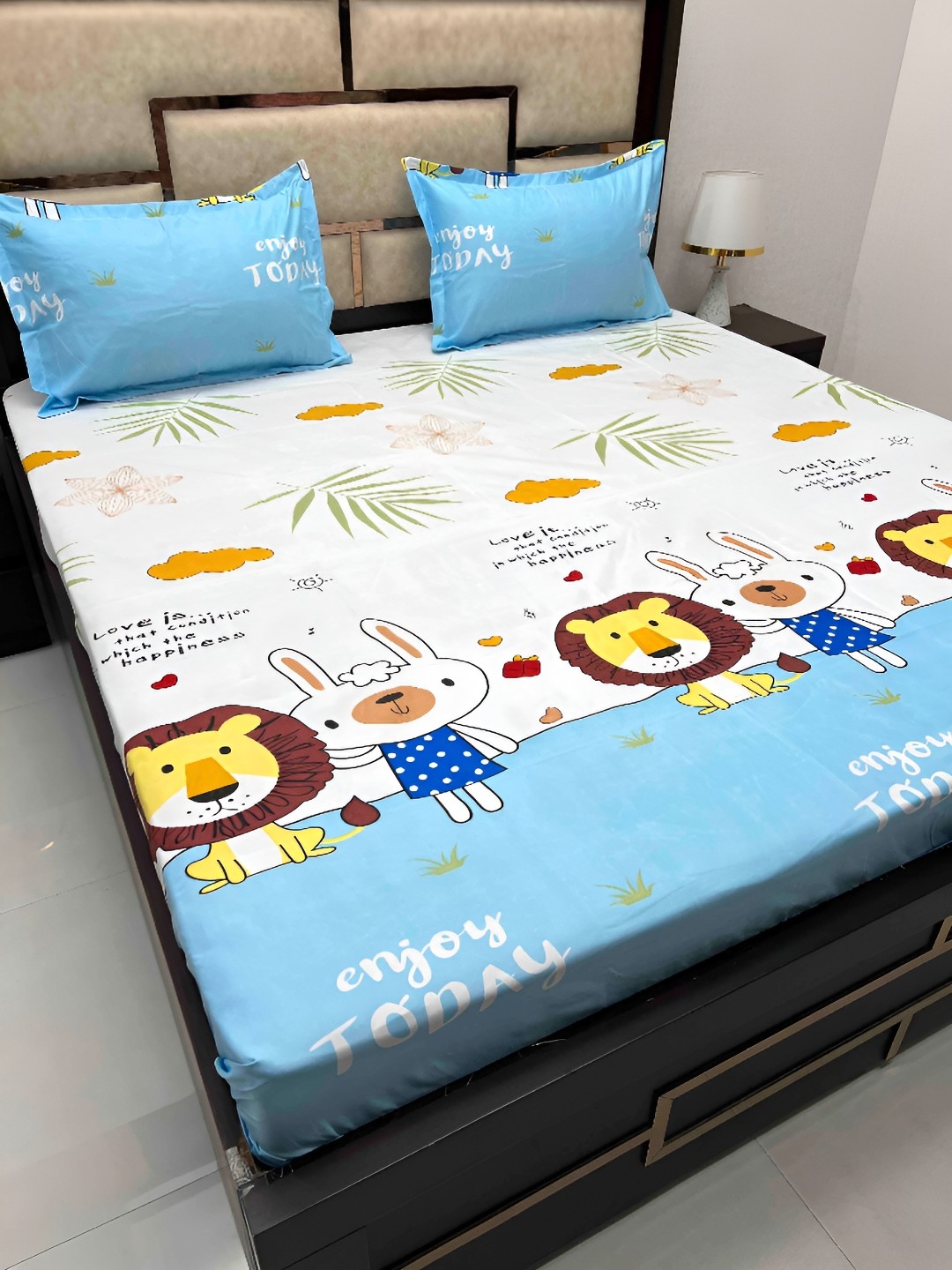 

Pure Decor White & Blue Cartoon Characters 250 TC Queen Bedsheet with 2 Pillow Covers