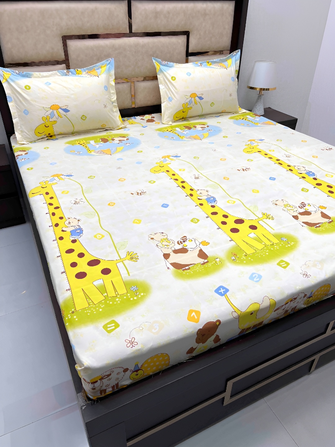 

Pure Decor Yellow & Green Cartoon Characters 250 TC Queen Bedsheet with 2 Pillow Covers, White