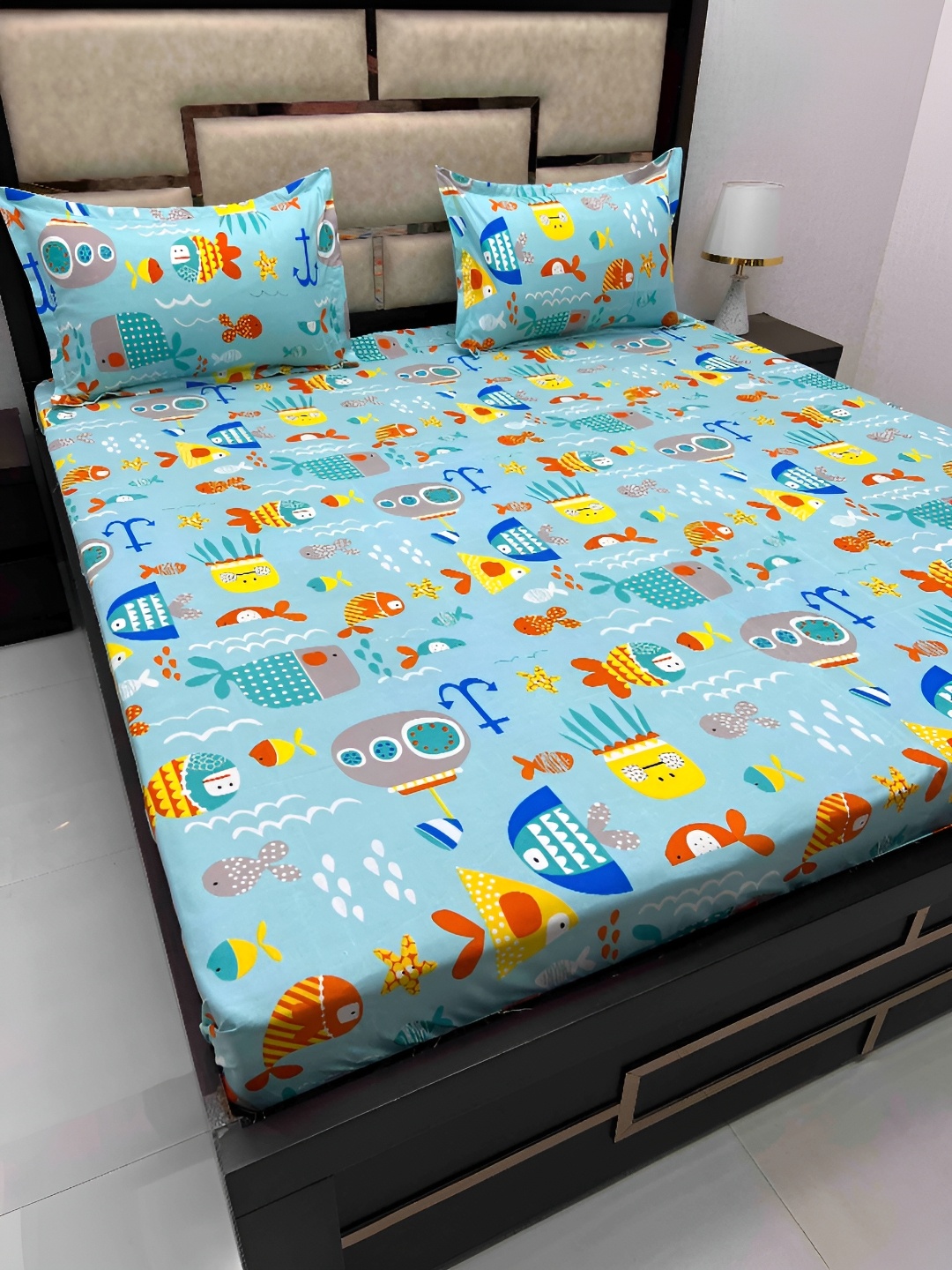 

Pure Decor Blue & Yellow Cartoon Characters 250 TC Queen Bedsheet with 2 Pillow Covers