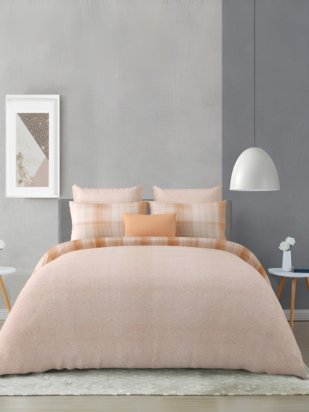 

Salona Bichona Peach-Coloured Geometric 180 TC King Bedsheet with 4 Pillow Covers