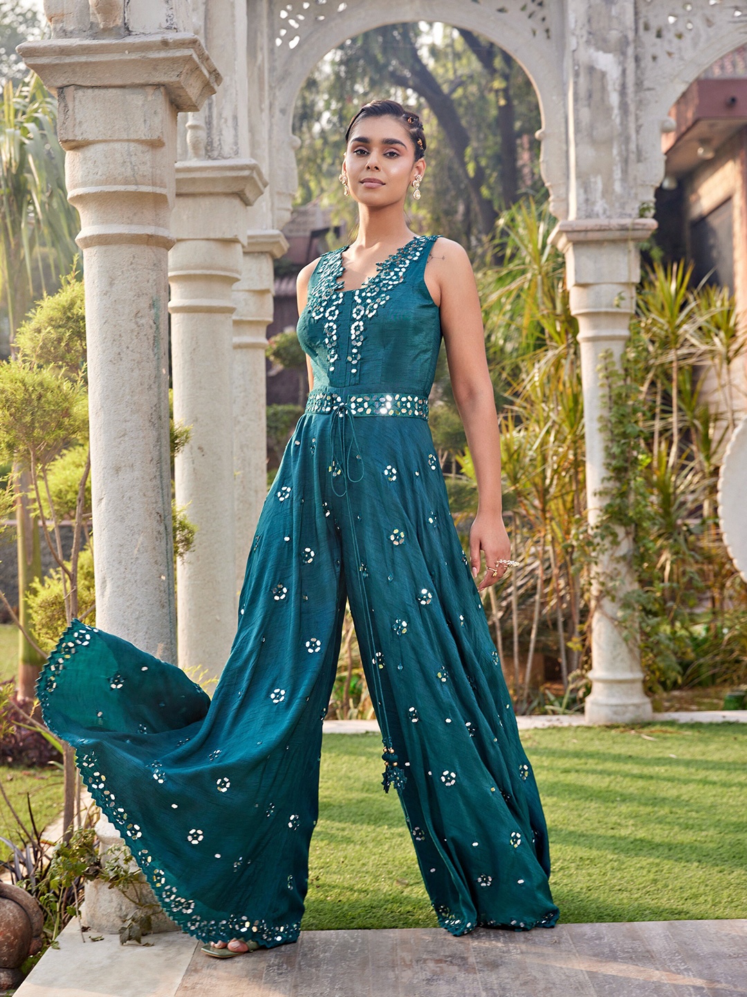 

Mehak Murpana Mirror Embellished Culotte Jumpsuit With Belt, Teal