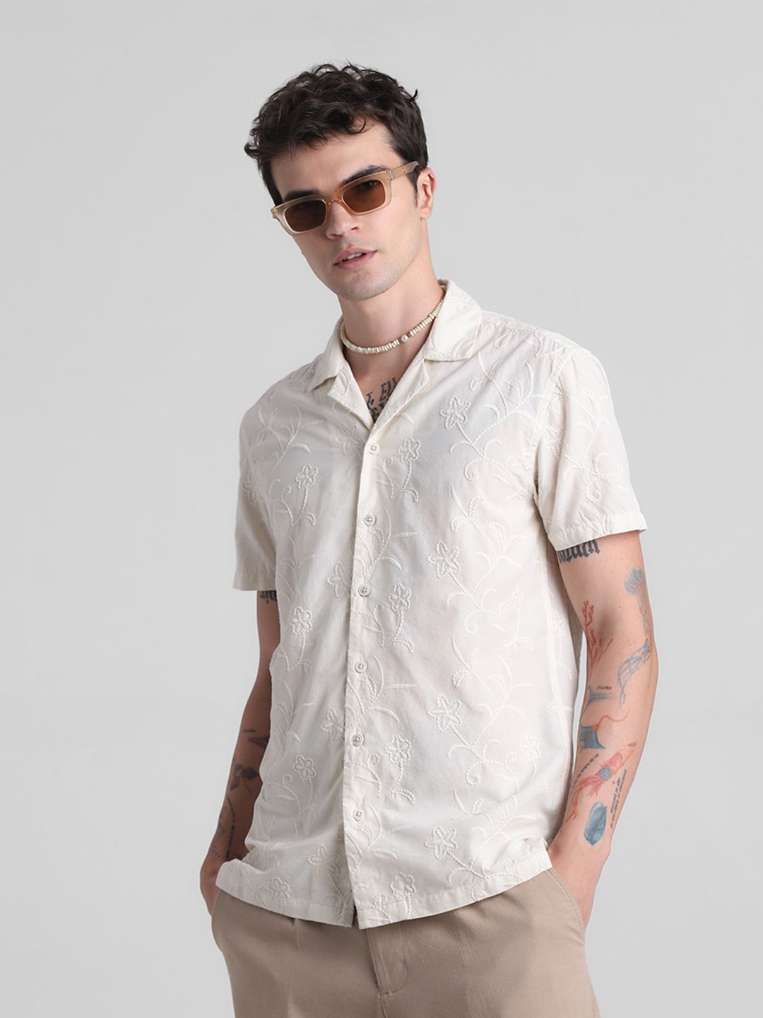 

Jack & Jones Floral Embroidered Cuban Collar Pure Cotton Casual Shirt, White