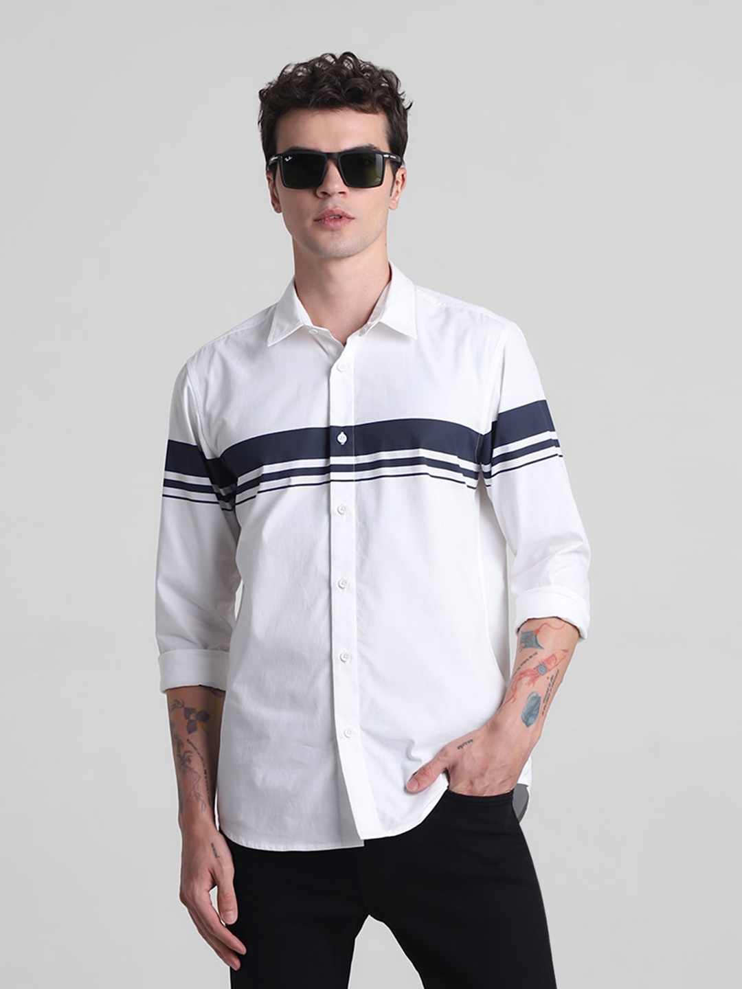 

Jack & Jones Slim Fit Horizontal Striped Pure Cotton Casual Shirt, White