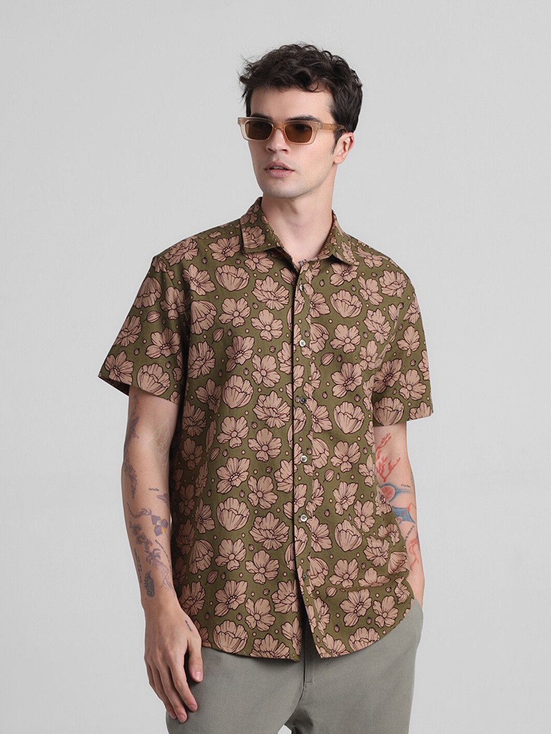 

Jack & Jones Floral Printed Cotton Linen Casual Shirt, Green