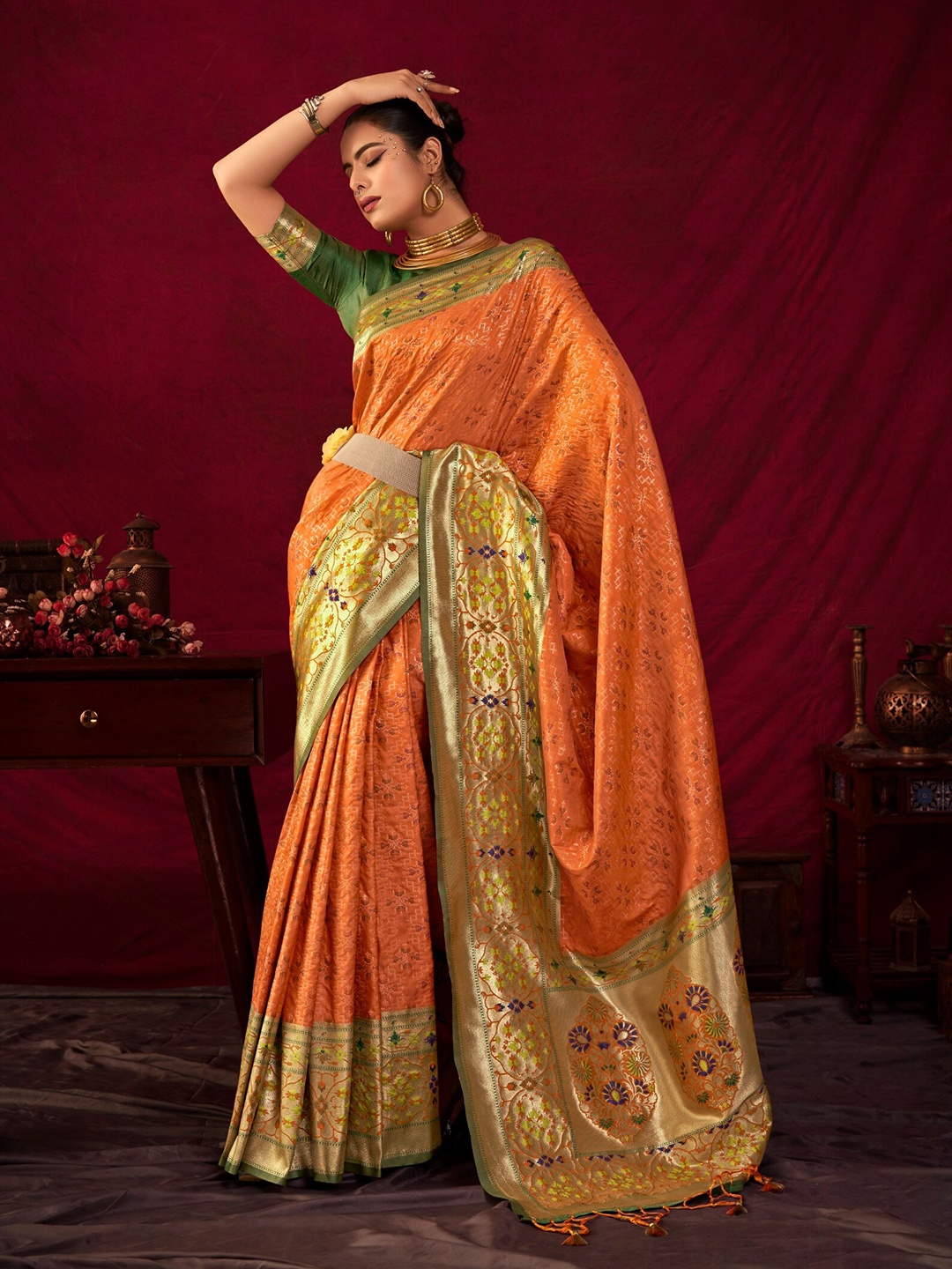 

VISHNU WEAVES Woven Design Zari Pure Silk Paithani Saree, Orange