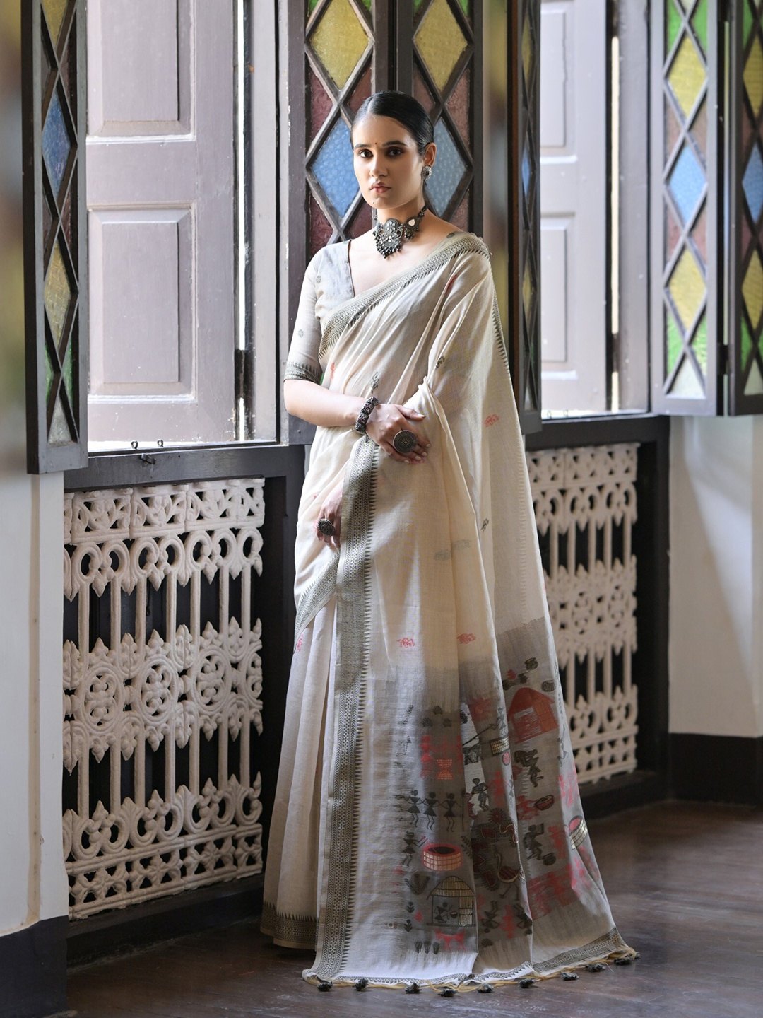 

VISHNU WEAVES Warli Pure Cotton Muga Saree, Cream