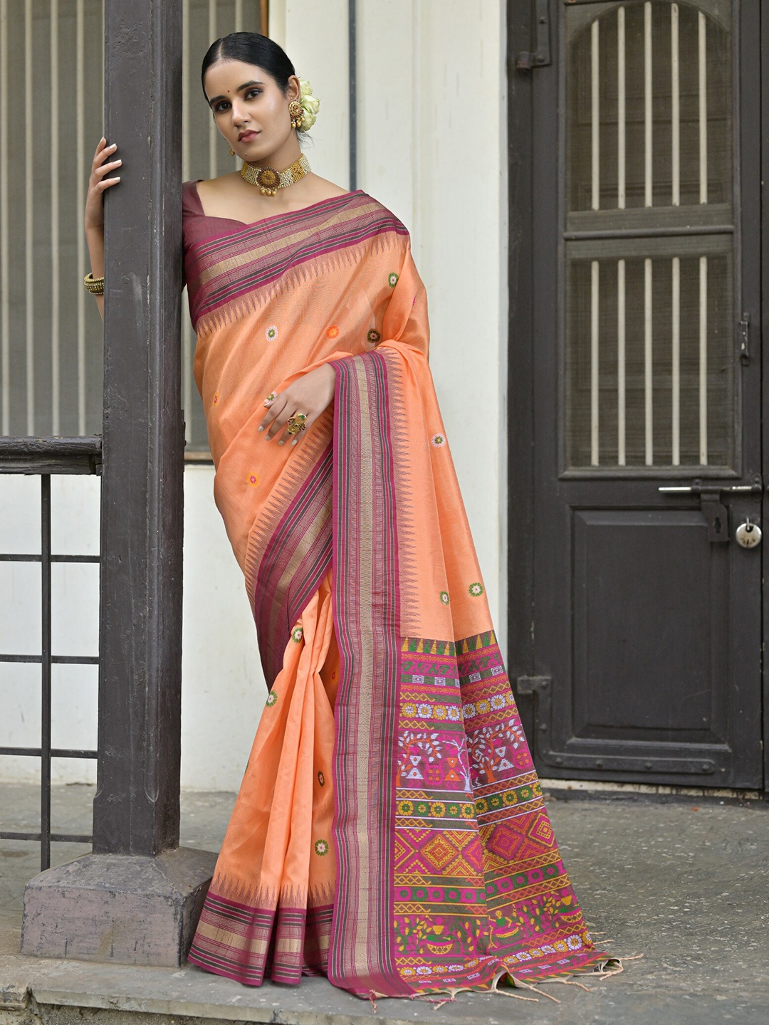 

VISHNU WEAVES Ethnic Motifs Woven Design Zari Pure Silk Bhagalpuri Saree, Orange