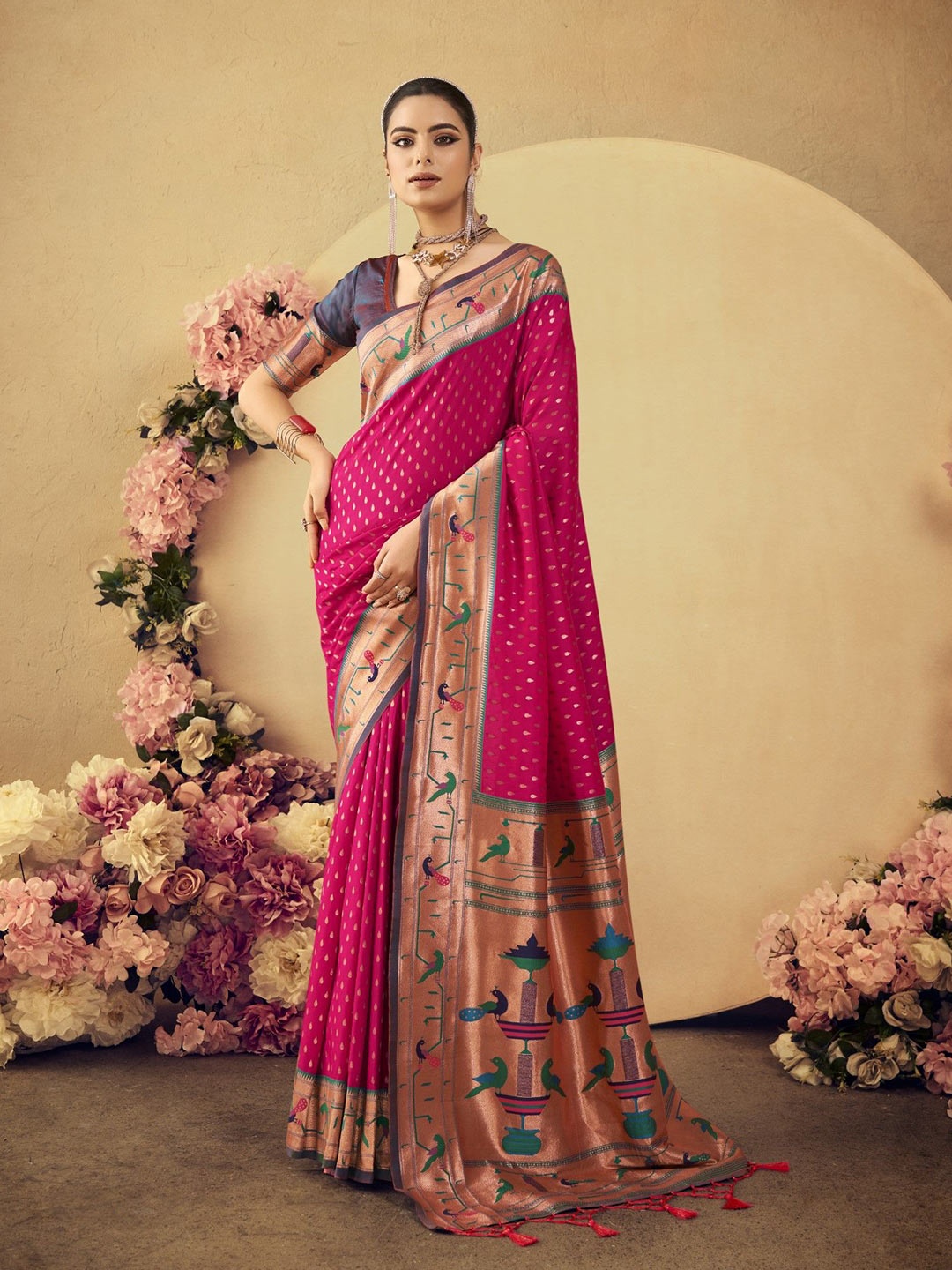 

VISHNU WEAVES Polka Dot Zari Pure Silk Paithani Saree, Magenta