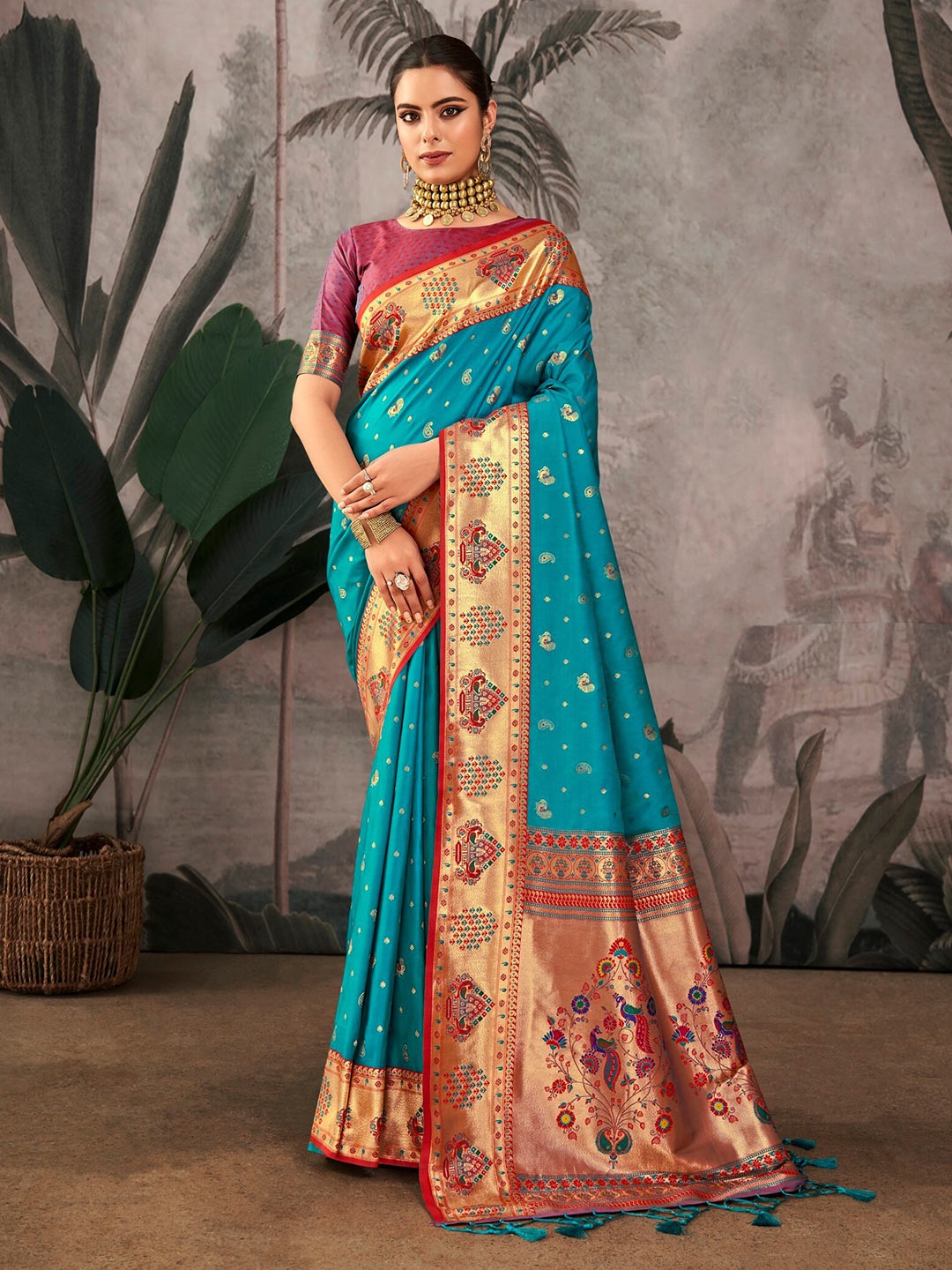 

VISHNU WEAVES Paisley Zari Pure Silk Paithani Saree, Teal