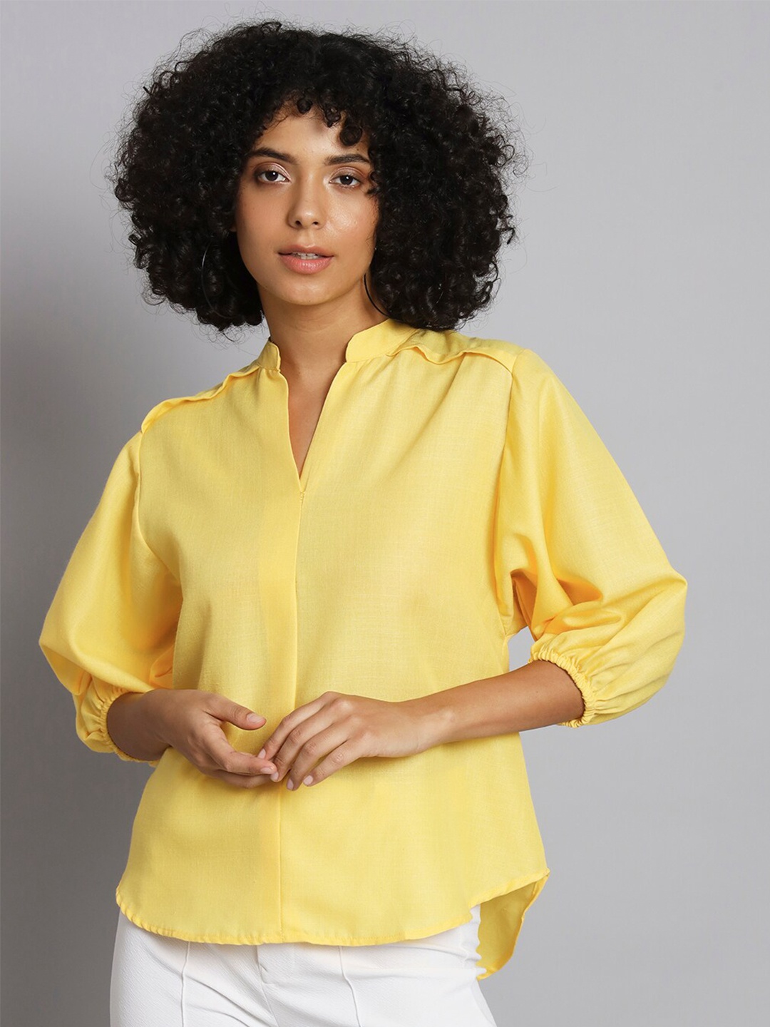 

Chemistry Mandarin Collar Cuffed Sleeves Cotton Shirt Style Top, Yellow