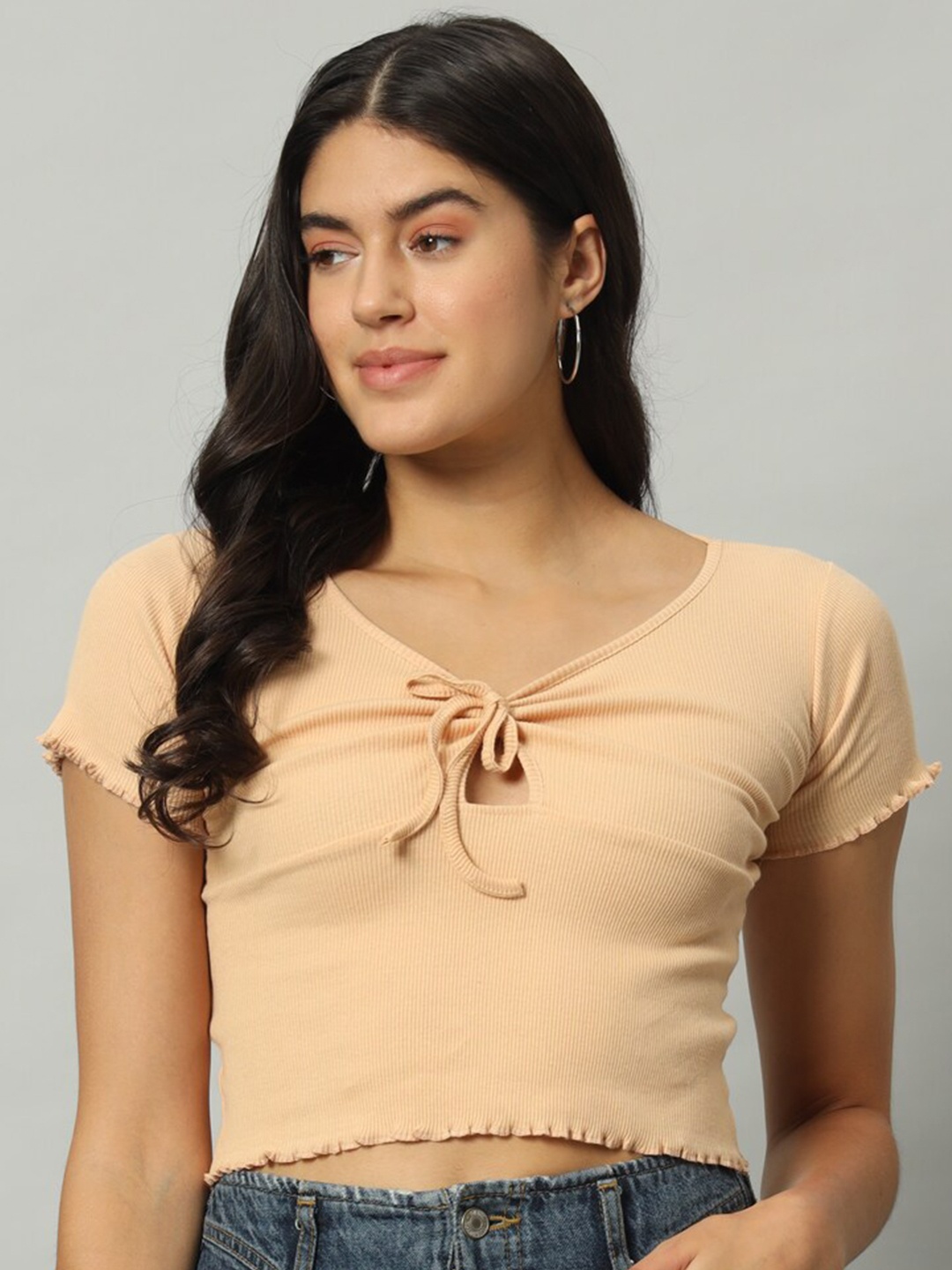 

Chemistry Tie-Up Neck Ribbed Georgette Fitted Crop Top, Cream