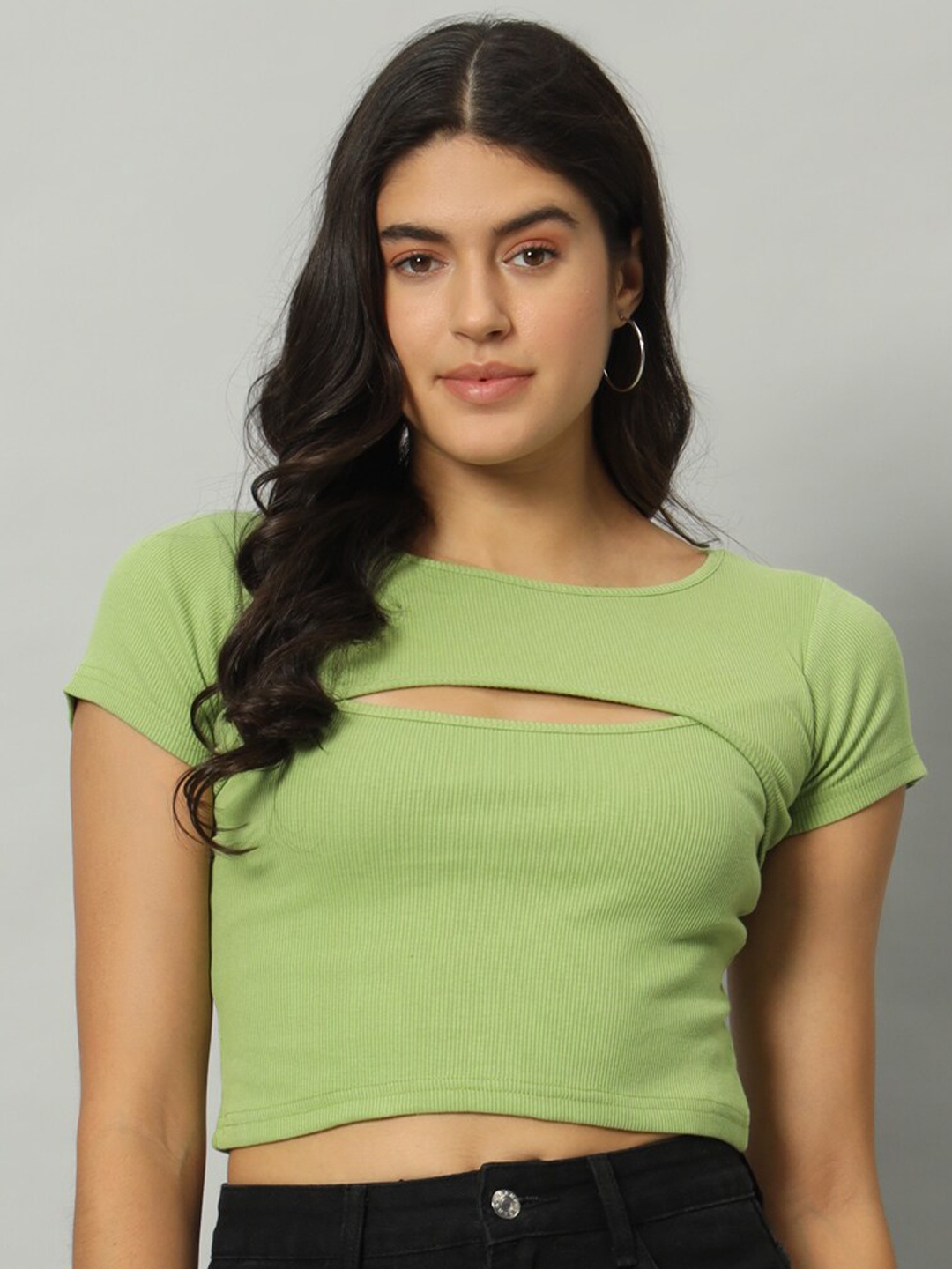 

Chemistry Ribbed Cut Out Fitted Crop Top, Green